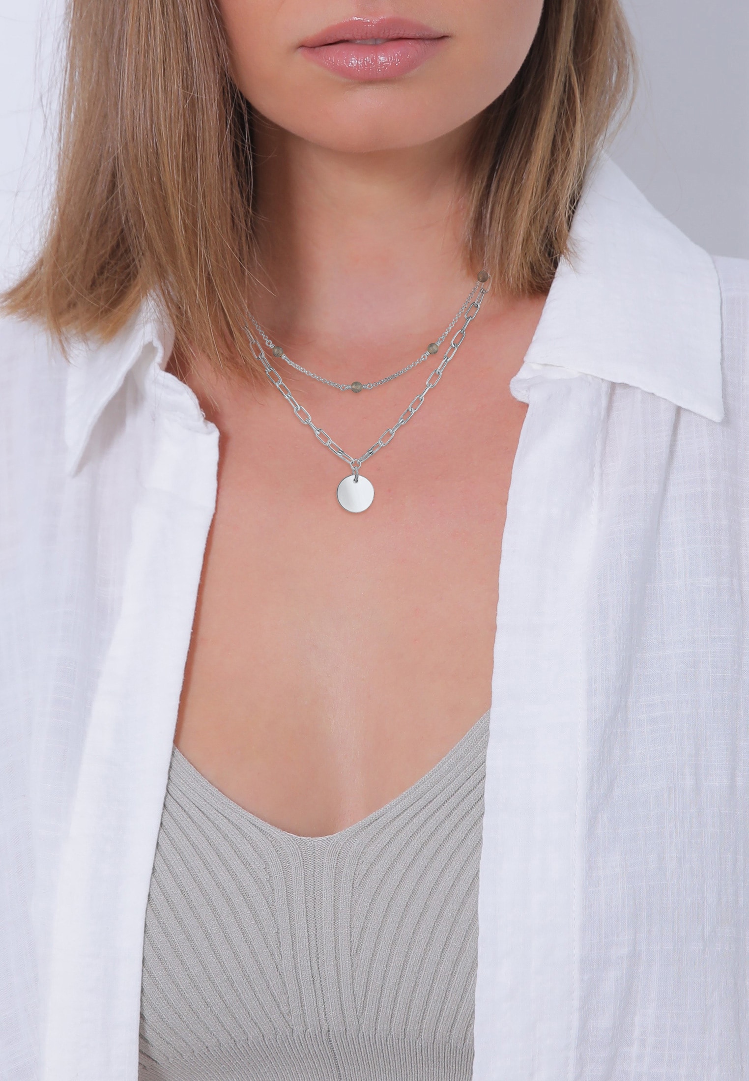 Elli Premium Collierkettchen »Layer Gliederkette Labradorit 925 Sterling Silber«