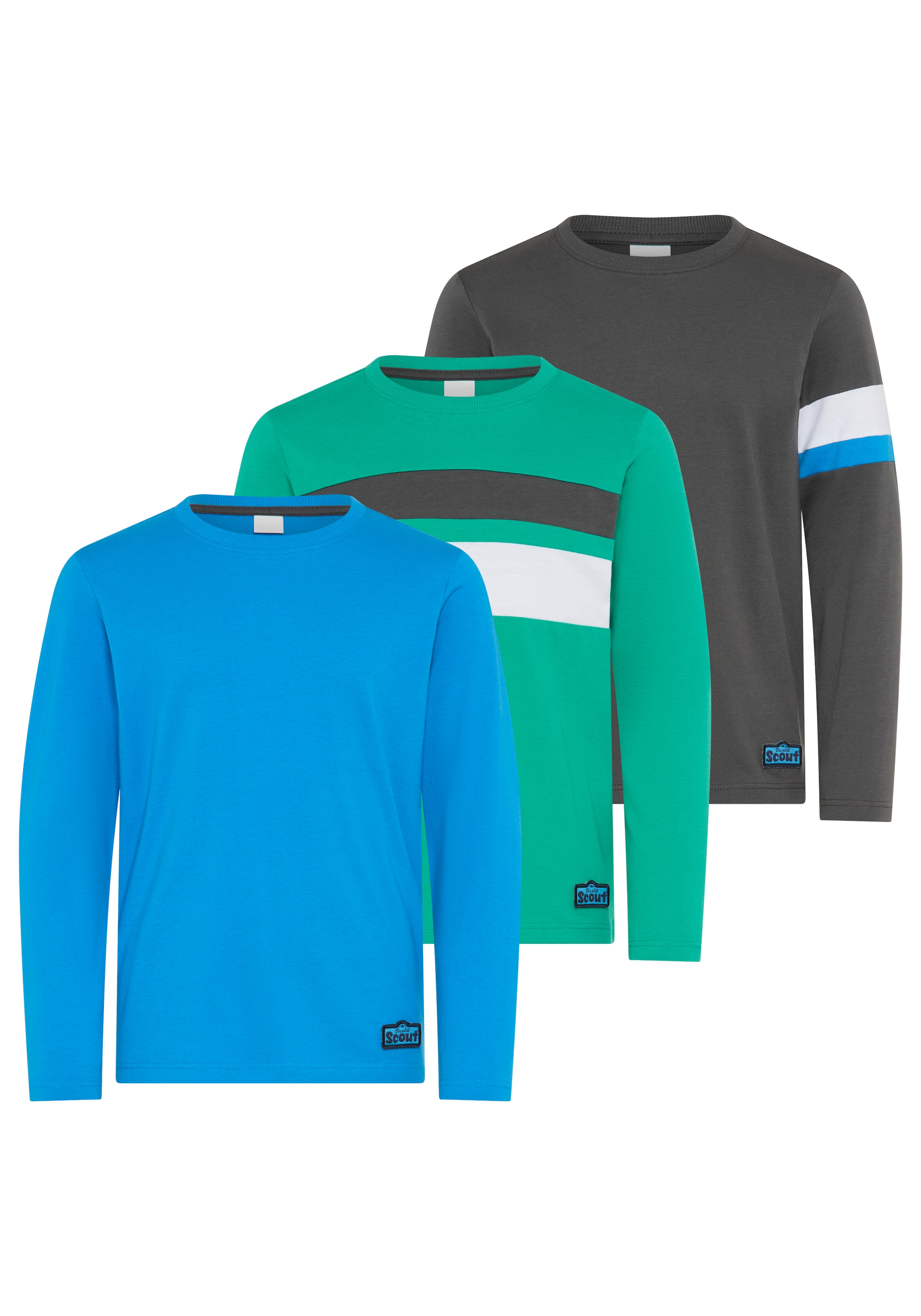 Scout Langarmshirt "3er Packung Shirt mit Kontrast-Einsätzen" Packung, 3, 3 Shirts, jedes Langarmshirt ein Style für sich