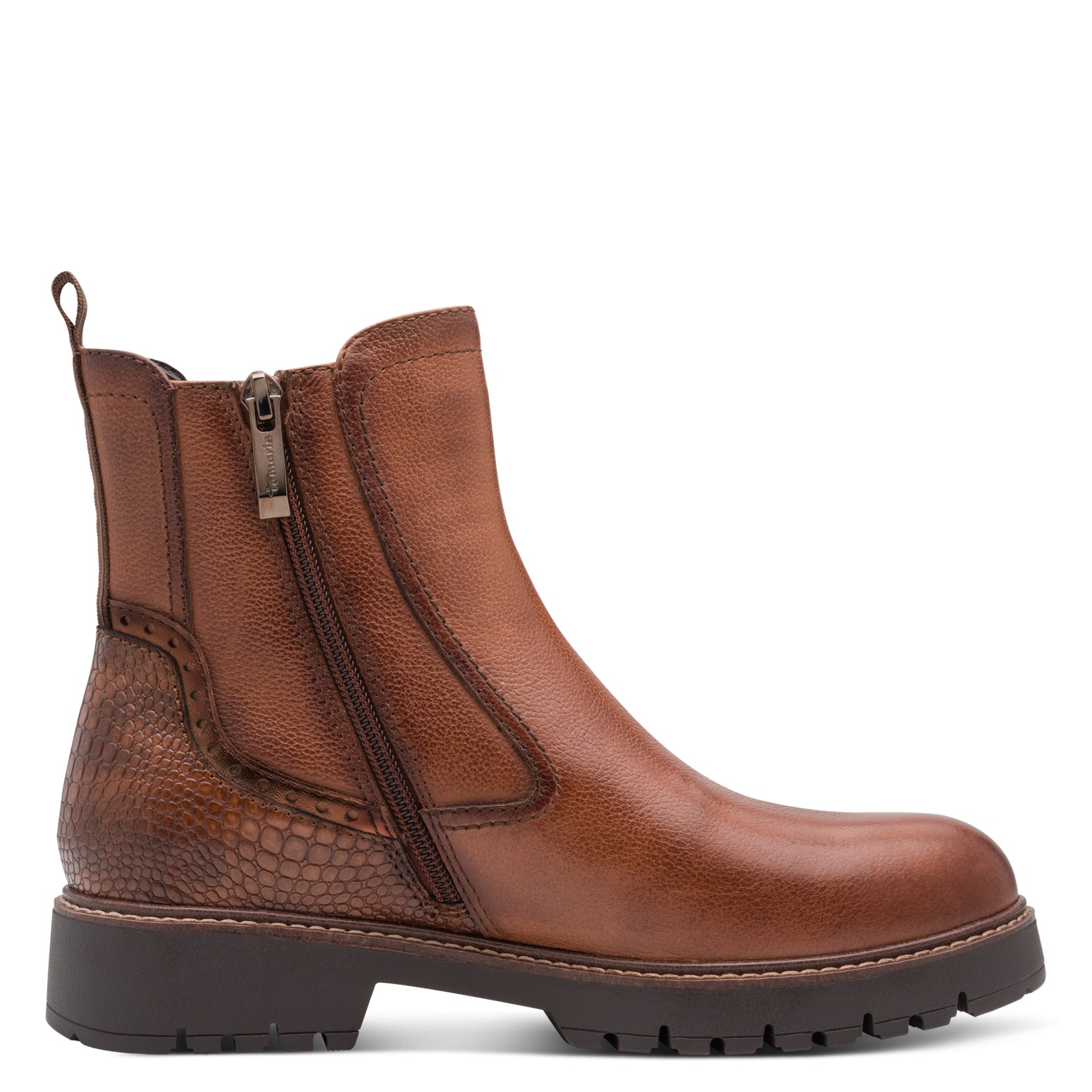 Tamaris Chelseaboots, Blockabsatz, Stiefelette mit Reptilienprägung an der Ferse
