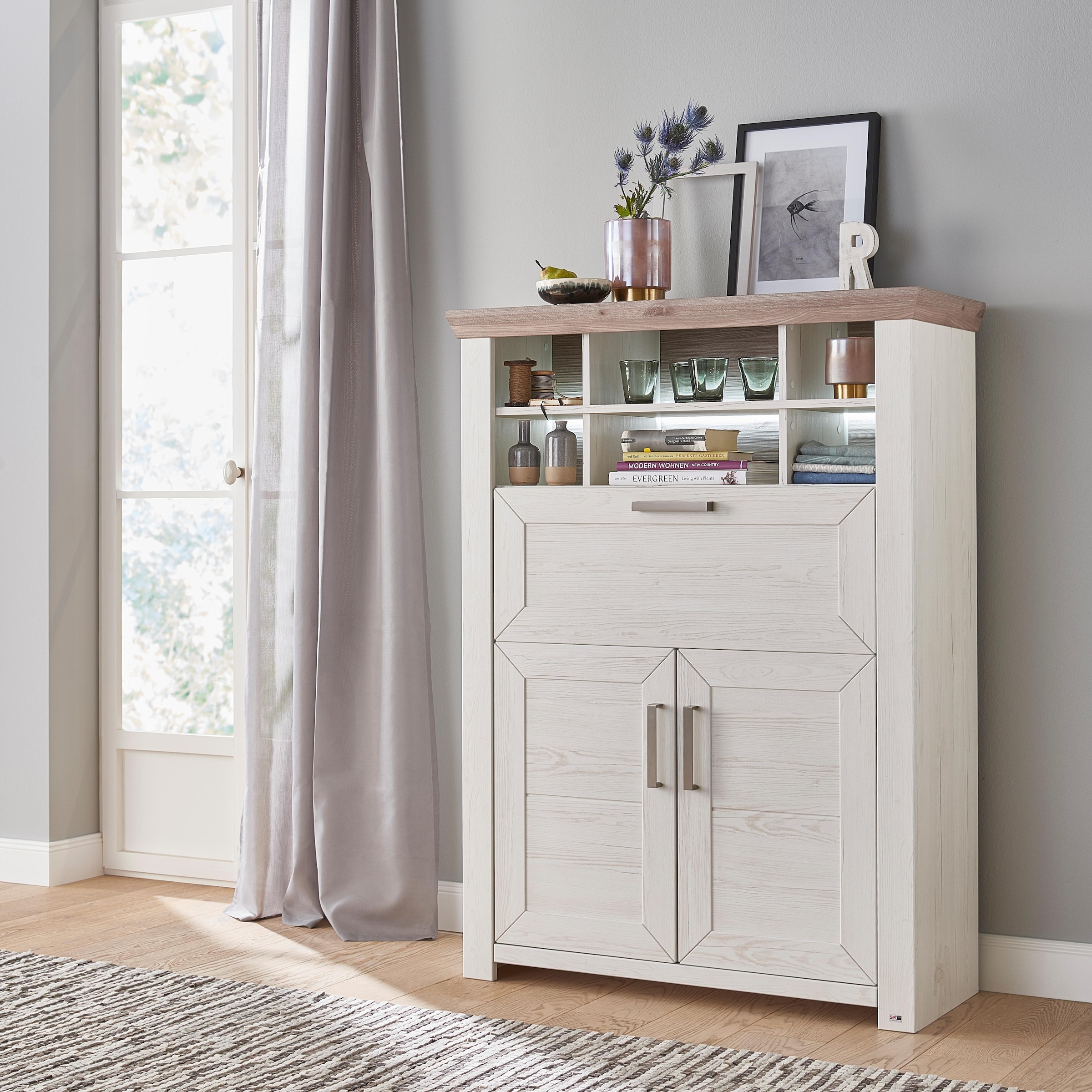 Highboard »York«, Typ 15, mit Holztüren und Klappe, Beleuchtung optional, Breite 105 cm