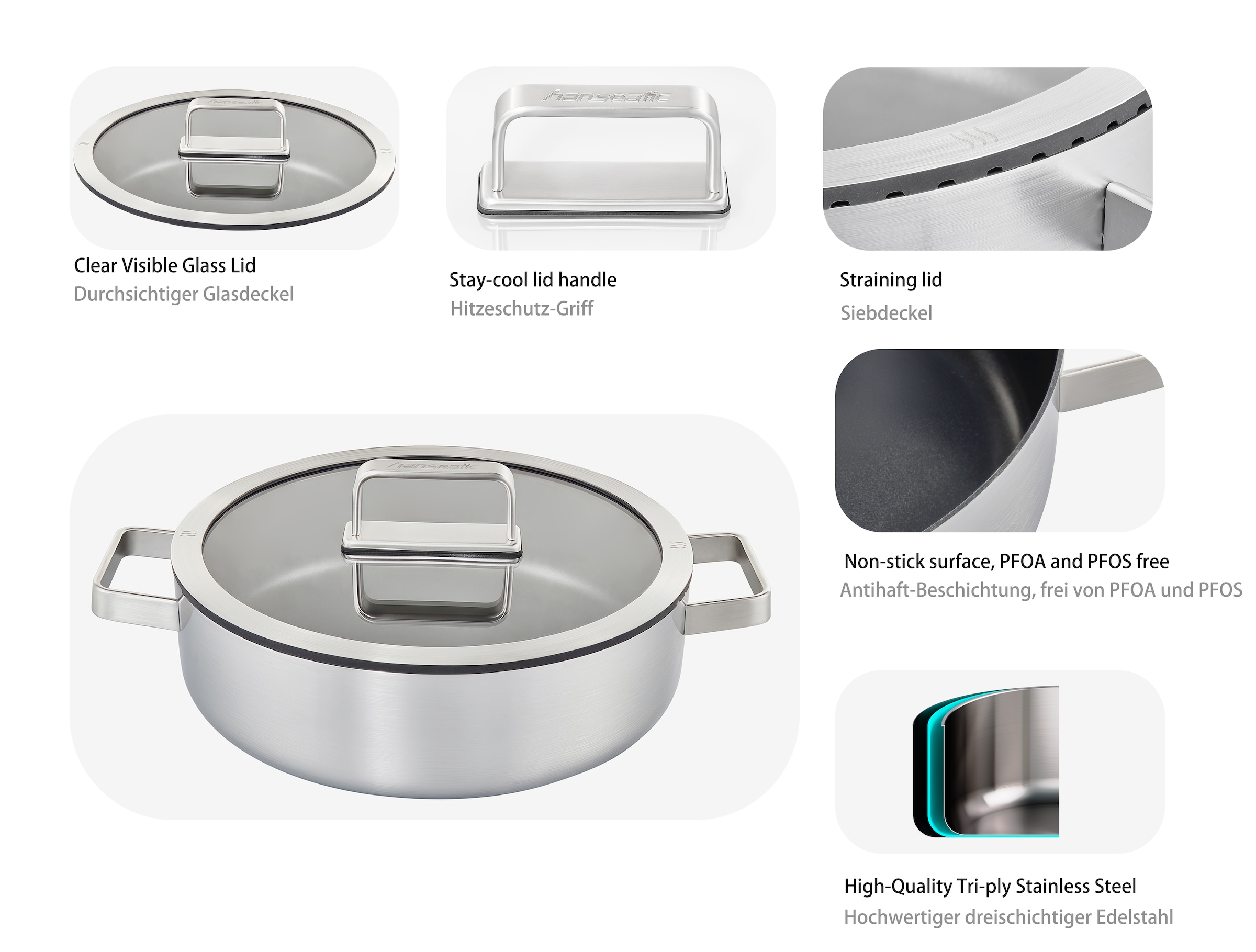 Hanseatic Pfannen-Set »PREMIUM« Edelstahl Set, 1x Pfanne 24 cm, 1x Servierpfanne 28 cm mit Deckel, 3 Stk. tlg. mit Antihaftbeschichtung, für alle Herdarten, Induktion