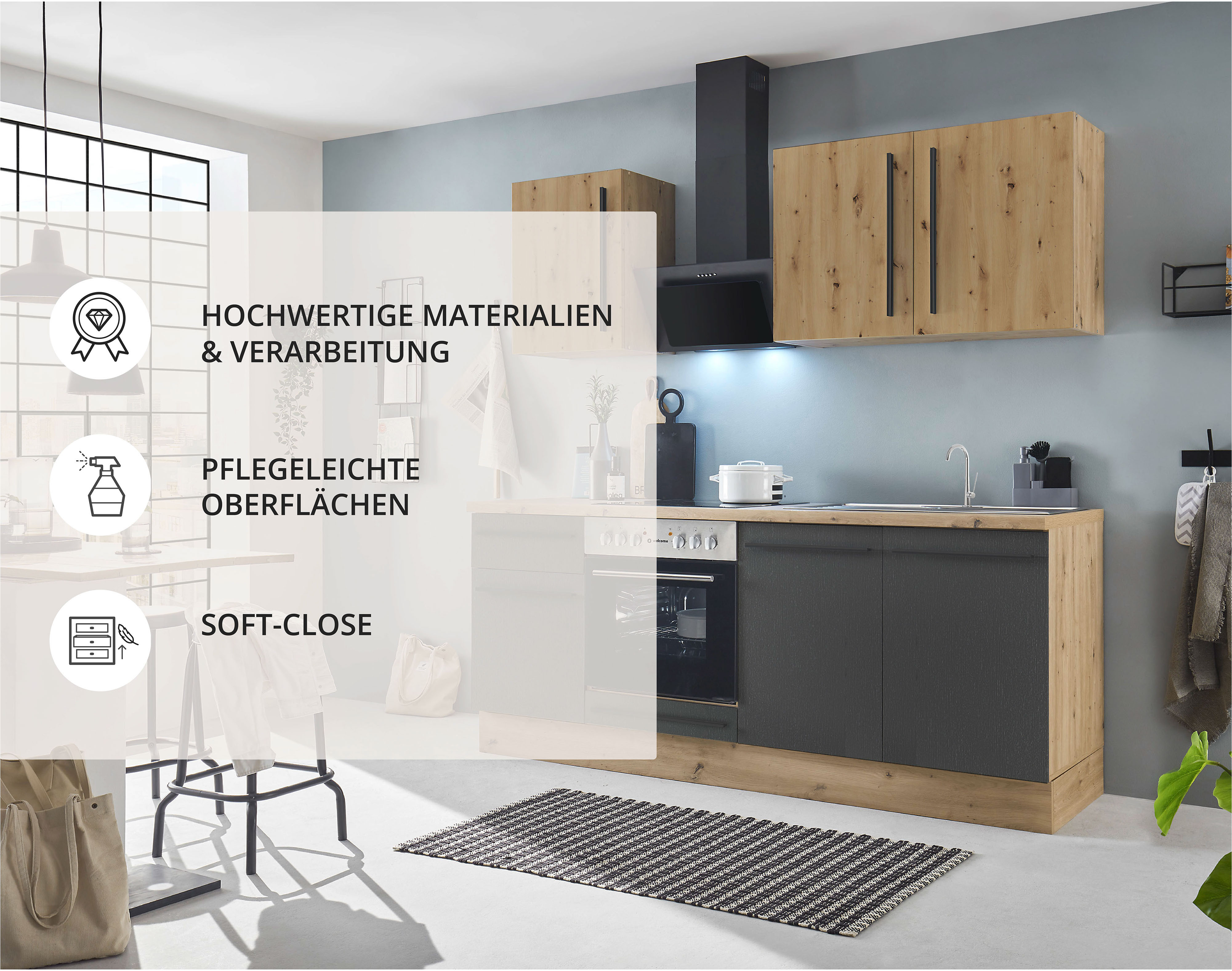 Thumbnail - KOCHSTATION Küchenzeile "KS-Florida mit 38mm starker Arbeitsplatte" Breite 210 cm, wahlweise mit E-Geräten, mit Soft-Clo...
