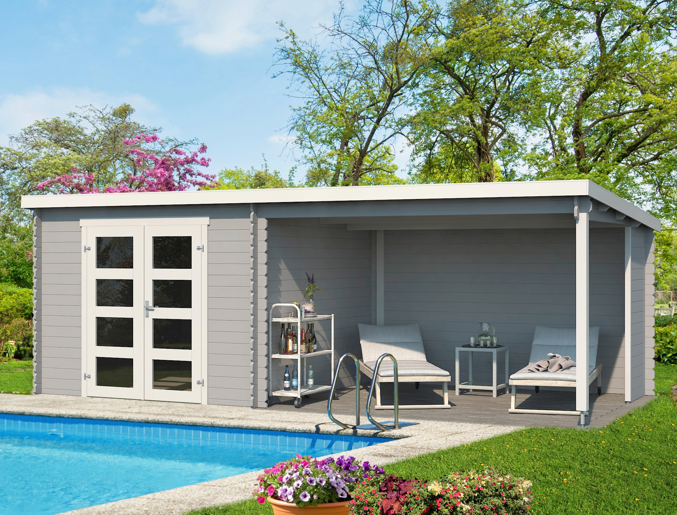 LASITA MAJA Gartenhaus "Novia 275 Plus" Blockbohlenhaus 28mm, mit Anbau