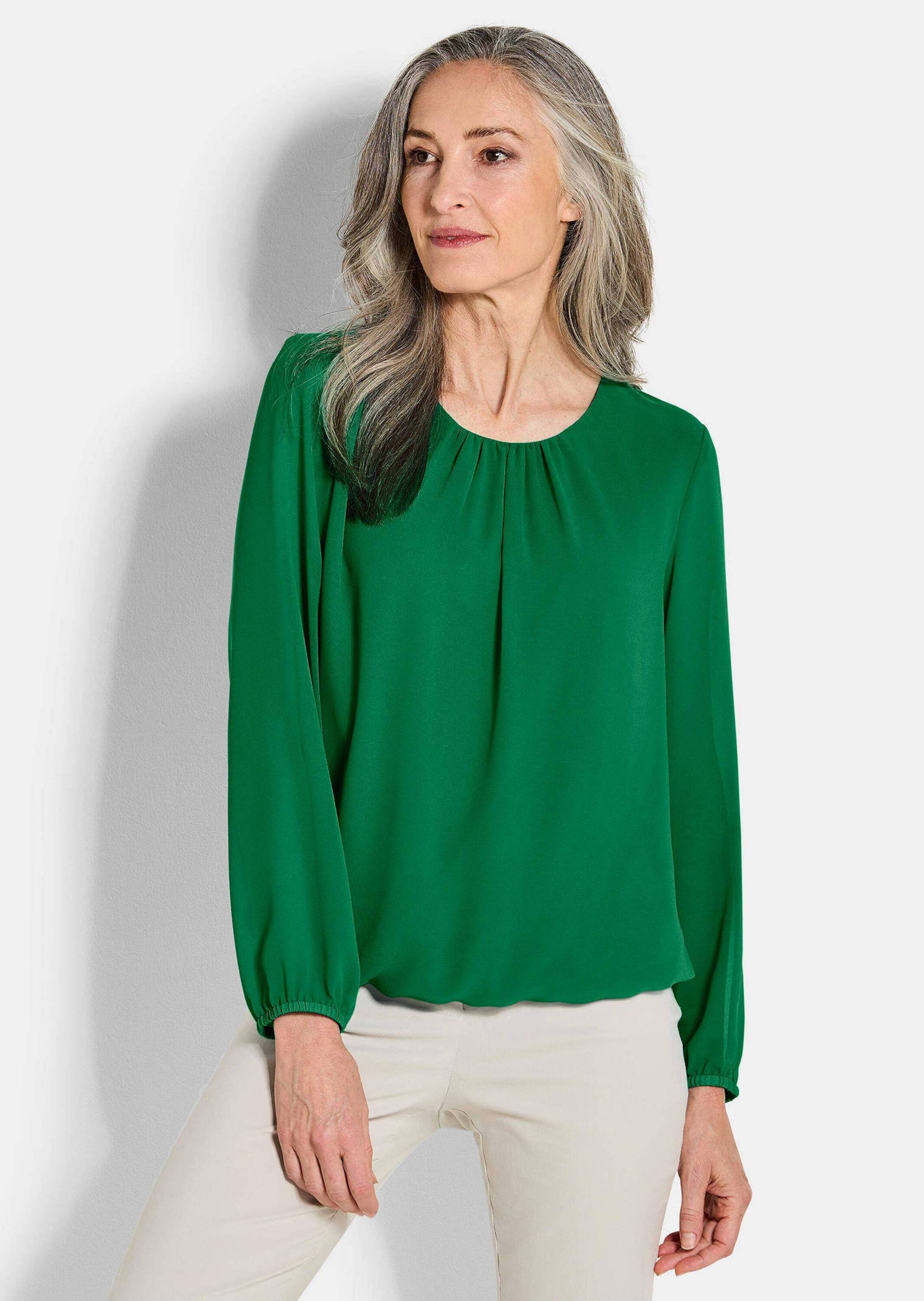 Klassische Bluse GOLDNER "Kurzgröße Elegante Bluse aus Chiffon", Damen, Gr. 20, grün, Obermaterial: 67% Polyester PES. 30% Viskose CV. 3% Elasthan EL., Modisch, Blusen, Rundhalsausschnitt 2