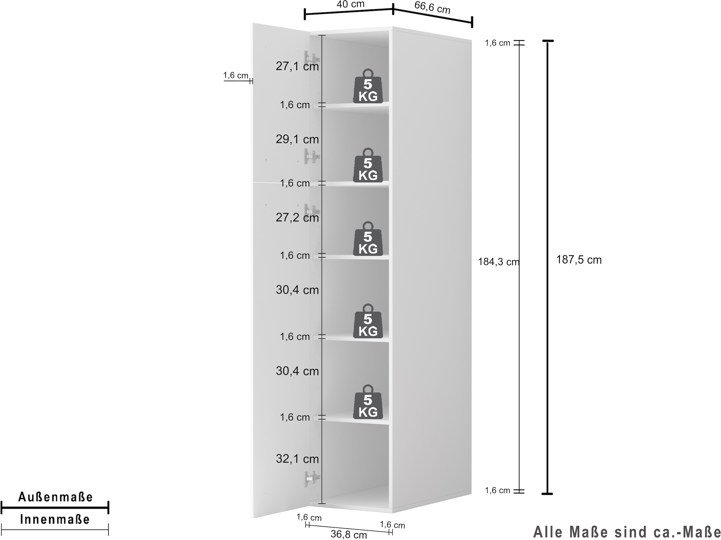 KOCHSTATION Mehrzweckschrank »KS-Linda« Breite 40 cm, Höhe 187,5 cm, mit 25mm starken Wänden
