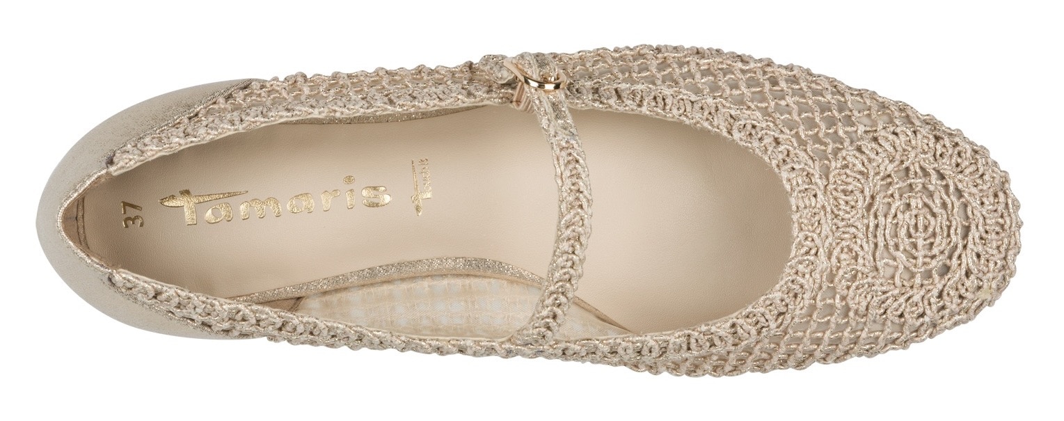 Tamaris Riemchenballerina, Blockabsatz, Halbschuh, Frühlingsschuh in modischer Häkeloptik