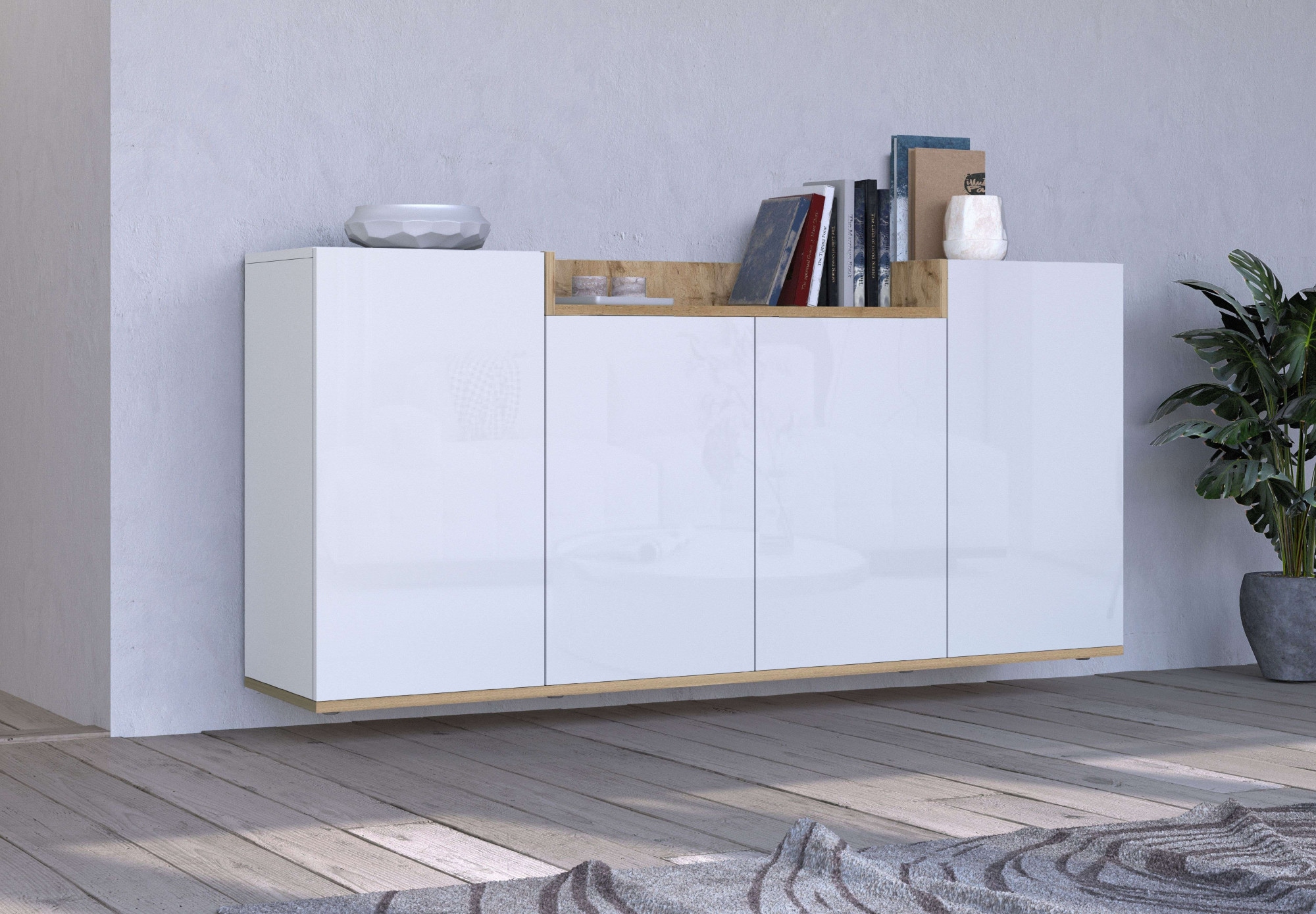 OTTO home Sideboard »BOLSENA, Kommode, Schrank,Lowboard mit 6 Fächer und offenes Ablagefach« 1 Stk. tlg. Breite 160 cm,stehend/hängend,Fronten Hochglanz lackiert,Made in Italy