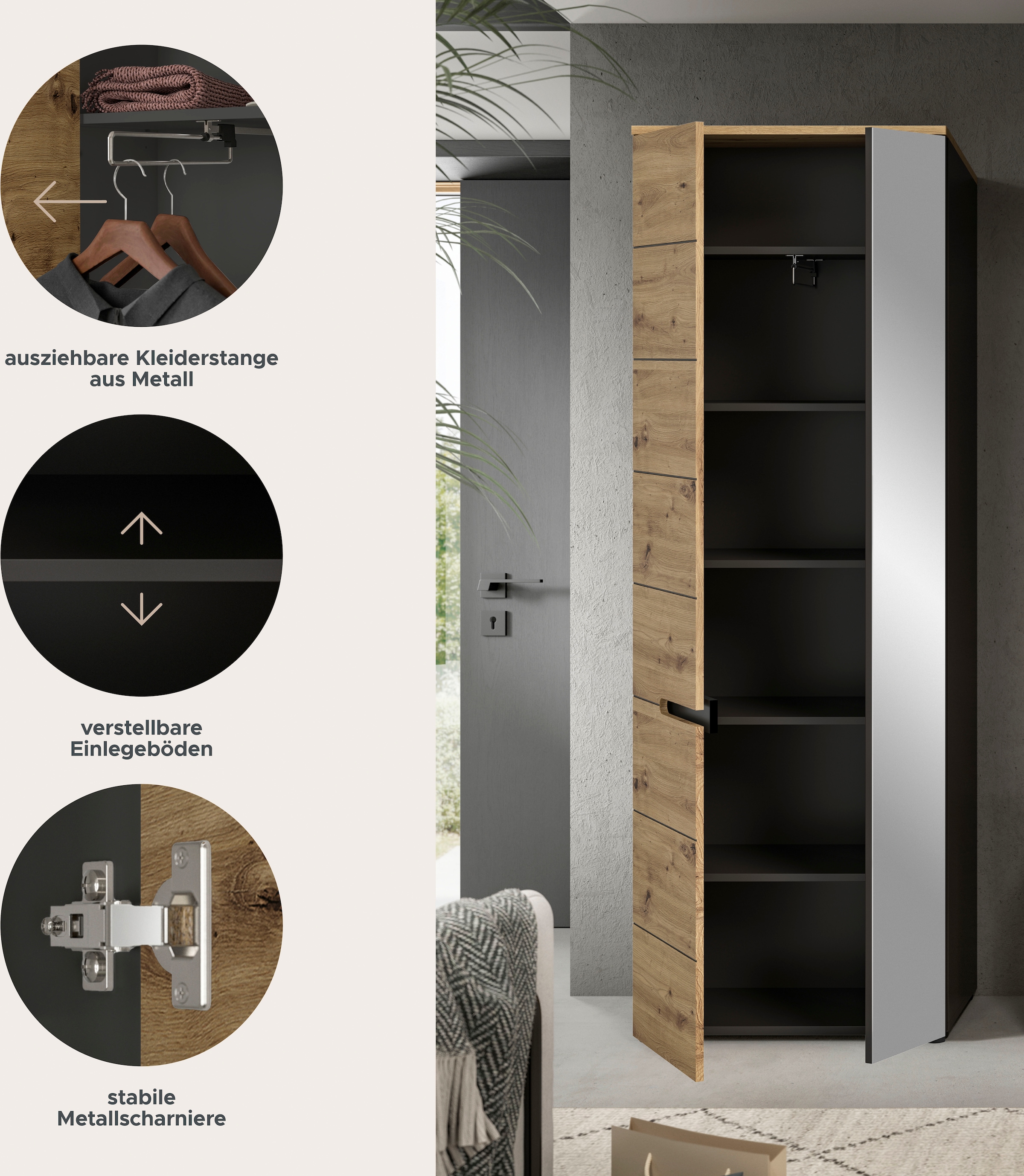 INOSIGN Garderobenschrank »Rehat, Höhe: 190cm, in Basalt grau/ Artisan Eiche, 2 Türen, 6 Fächer«, Garderobe, Flurschrank, Dielenschrank, Kleiderschrank, Garderobenmöbel