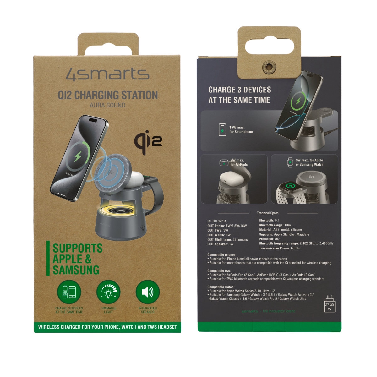 4smarts Ladestation »Aura Sound magnetischer Qi2 Charging Stand mit Lautsprecher«, inklusive UltiMag-Ring