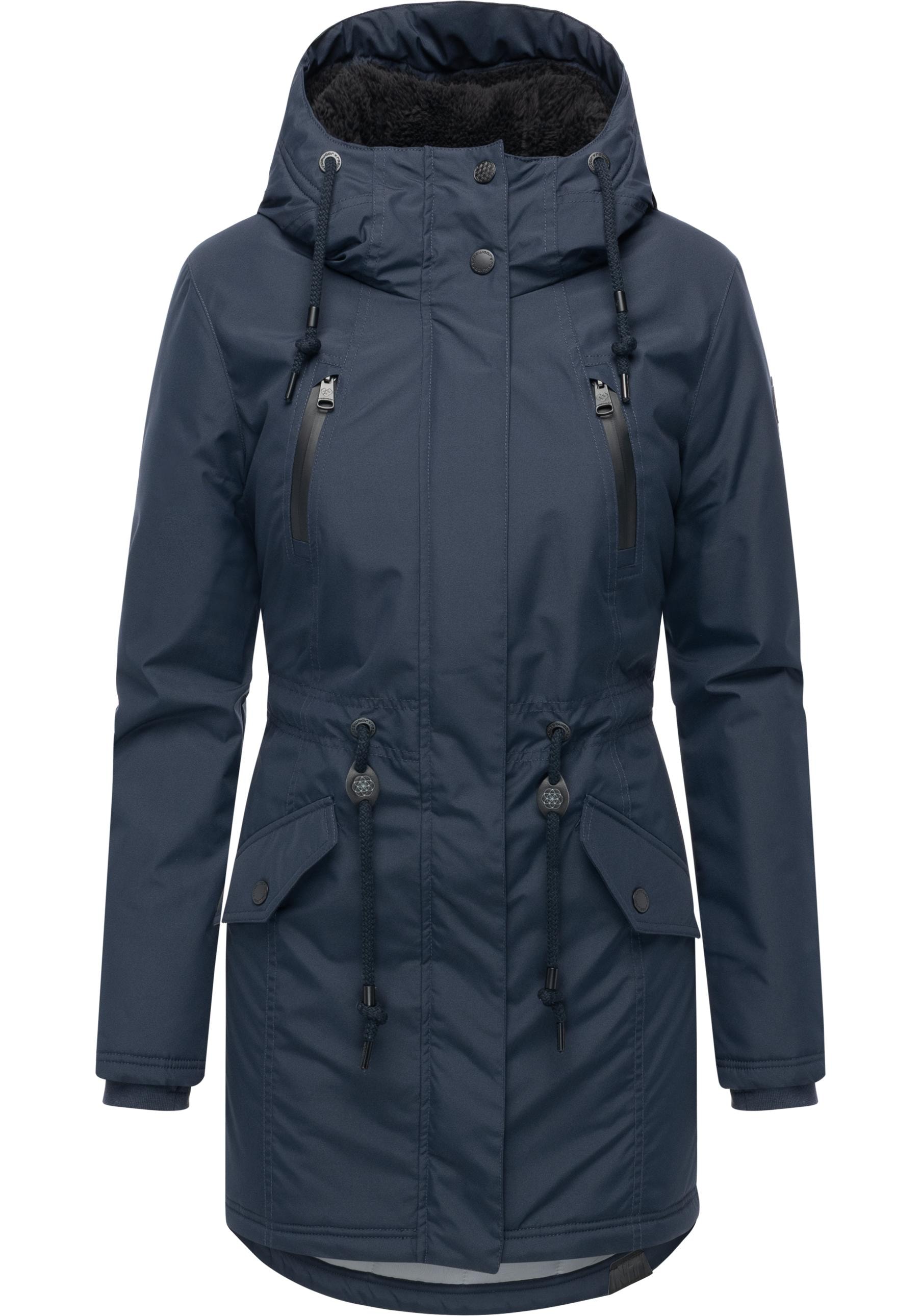 Wintermantel RAGWEAR "Elsien", Damen, Gr. XS (34), navy, Obermaterial: 100% Polyester; Innenfutter: 100% Polyester; Wattierung: 100% Polyester, tailliert ca. Mitte Oberschenkel, hoch geschlossener Ausschnitt, Ärmel ohne Ärmelschlitz Rippstrickbündchen mit