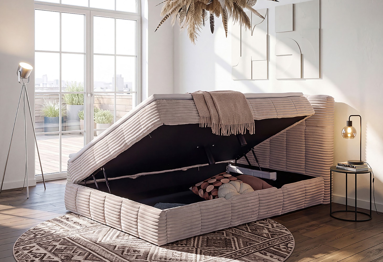Home affaire Boxbett »SORTELHA, Polsterbett mit Bettkasten und Taschenfederkernmatratze H3« inkl. PU-Schaumtopper, Cord-Bezug, 140x200 & 180x200cm