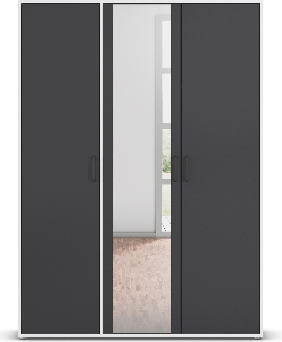 rauch Drehtürenschrank »Kleiderschrank Schrank Garderobe Wäscheschrank VOYAGER«, (in 3 verschiedenen Ausstattungen BASIC/CLASSIC/PREMIUM), mit modernen Griffen in Graumetallic und Spiegel
