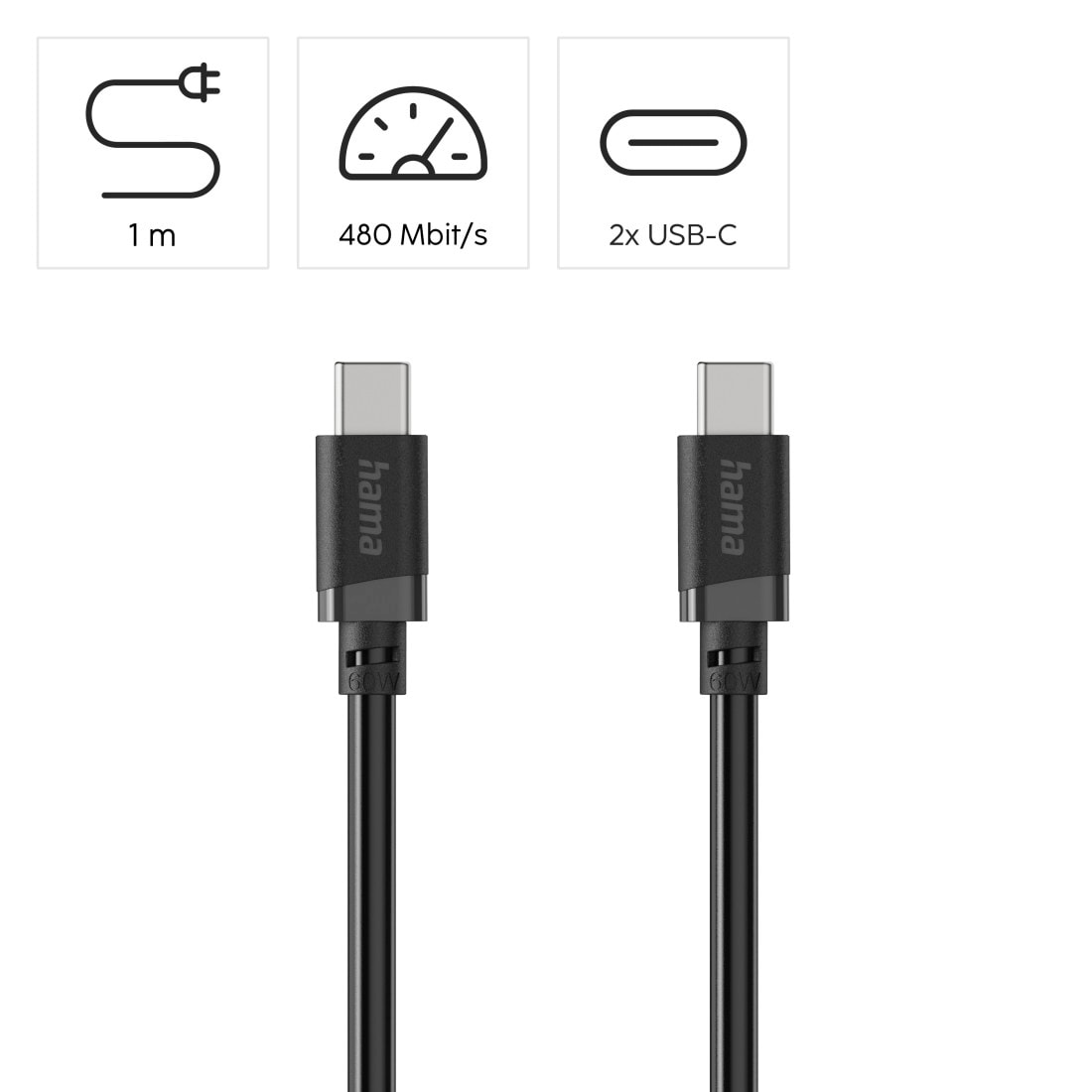 Hama USB-Kabel »USB-C Ladekabel 1 m schwarz« USB-C 100 cm Schnellladen, 480 Mbit/s, 60 W Leistung, breite Kompatibilität