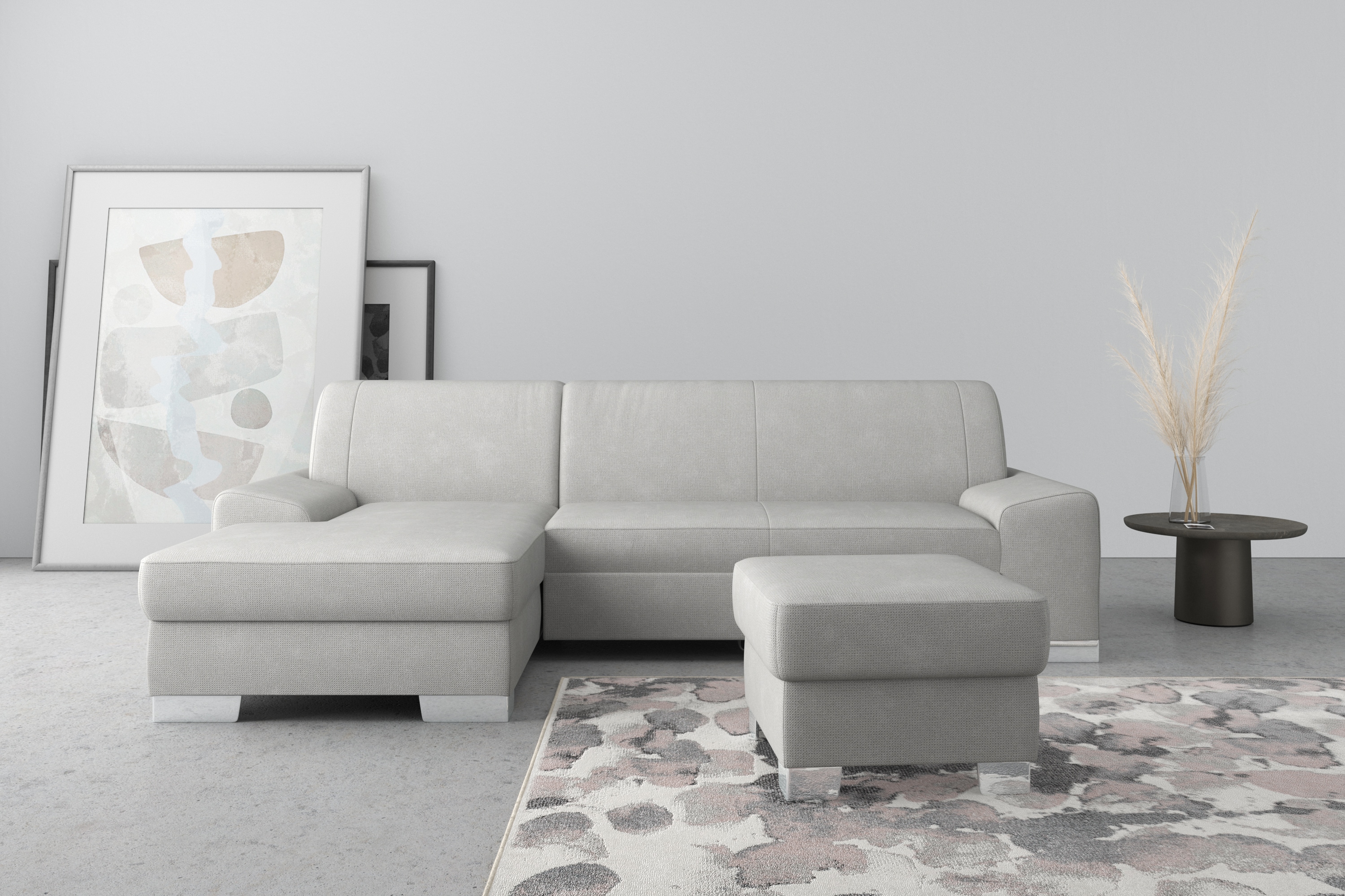 DOMO collection Ecksofa "Anzio L-Form, whlw. Bettfunktion, Federkern, hochwertig, Breite 271 cm" Ohne Bettfunktion, Recamiere links, Chenille-Struktur, hellgrau
