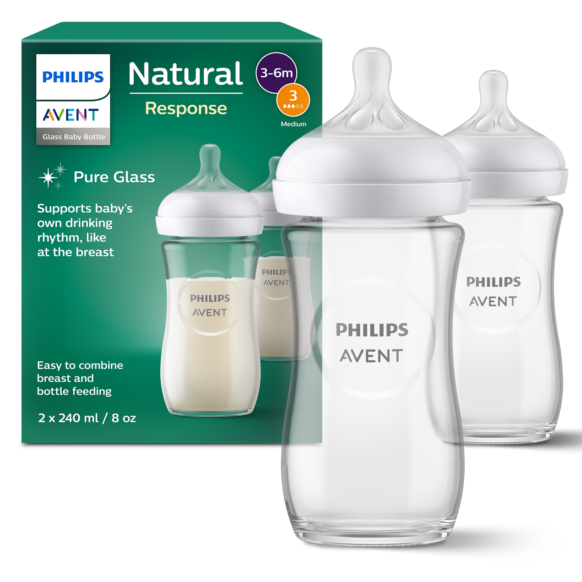 PHILIPS AVENT Baby Babyflasche "Natural Response Babyflasche", 240ml, transparent, Glas, H:18,4cm, Trinkflaschen, 2 Stück, 240ml, Glas, ab dem 1.