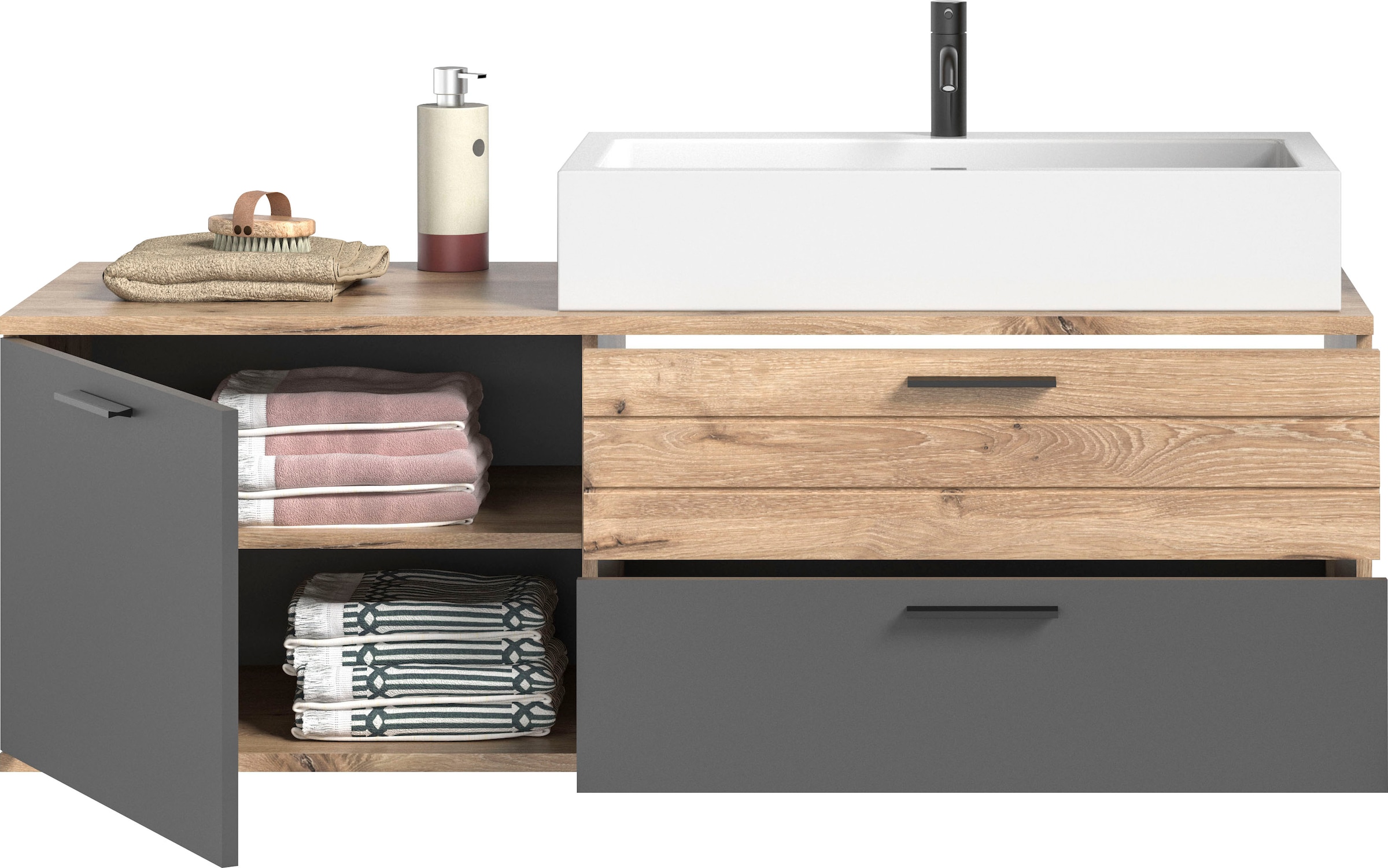 INOSIGN Waschtisch-Set »Riga, Breite 140 cm, inkl. Aufsatzwaschbecken, 2 Schubkästen, 1 Tür«, (Set, 1 St.), Hängeschrank, Unterschrank, Badmöbel, Badschrank, Schrank, Bad