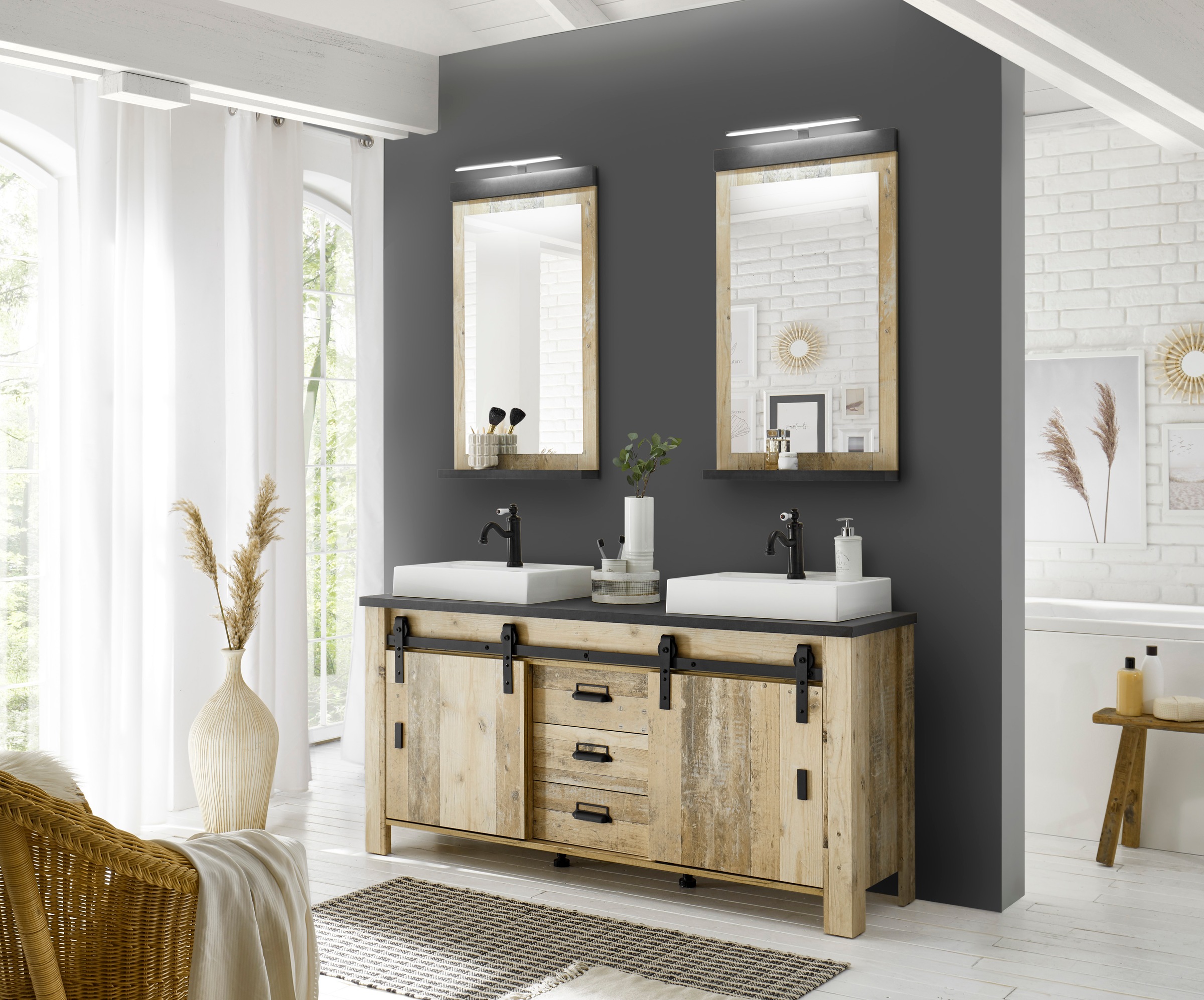 Home affaire Badmöbel-Set »SHERWOOD, Bad im modernen Design, 3-teiliges Badezimmer«, (3 St.), in 2 Farben verfügbar, Scheunentorbeschlag & Apothekergriff aus Metall