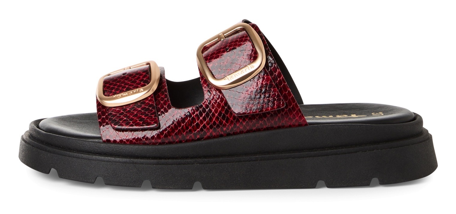 Pantolette TAMARIS, Damen, Gr. 37, rot (bordeaux kombiniert), Lederimitat, Schlangenoptik, Schuhe Pantolette, Keilabsatz, Sommerschuh, Schlupfschuh, verstellbare Schnallen 3