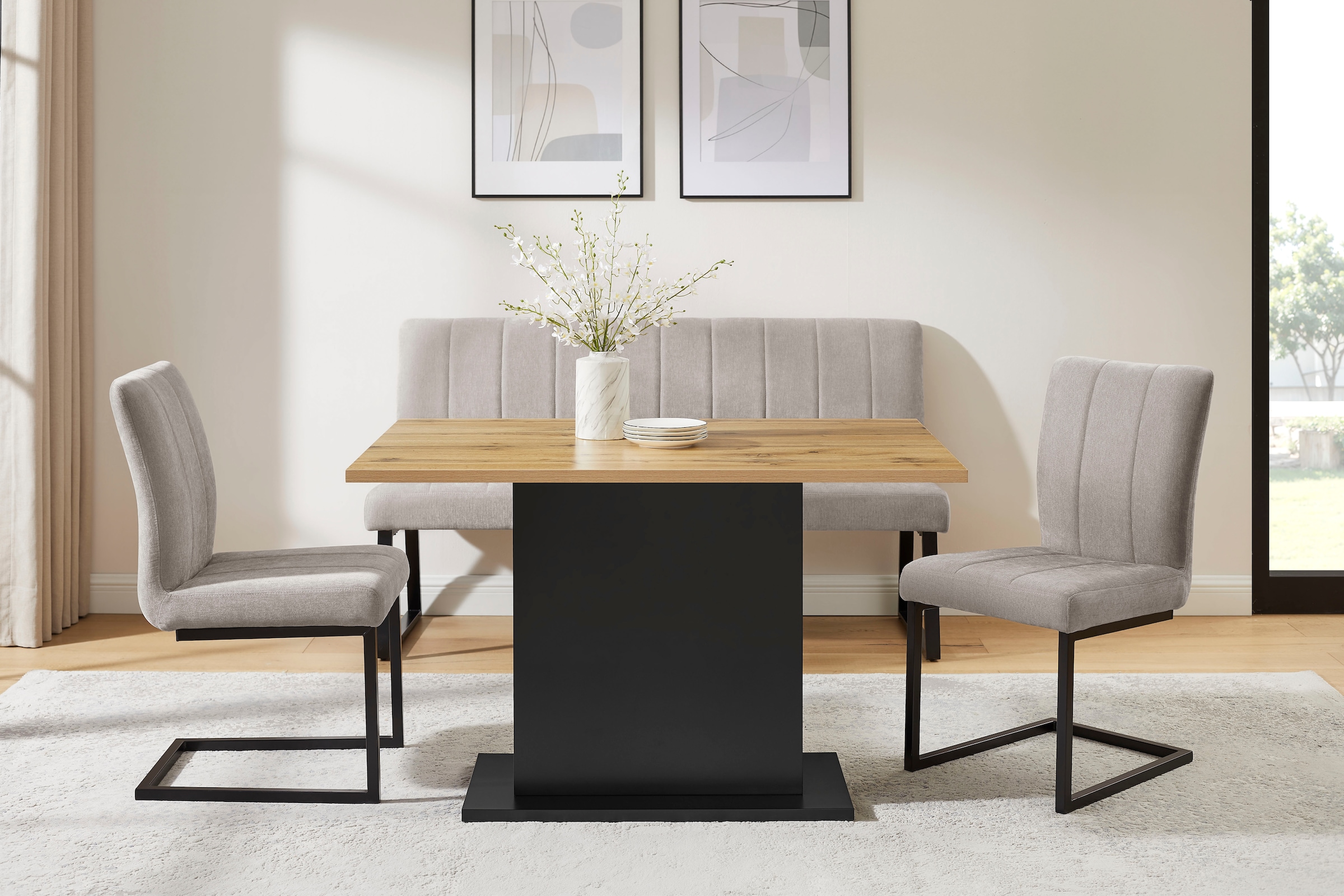 OTTO home Essgruppe »Hennia« Set, 4 tlg. Tischplatte aus Melamin, 2 Freischwinger, Bank, Metallgestell