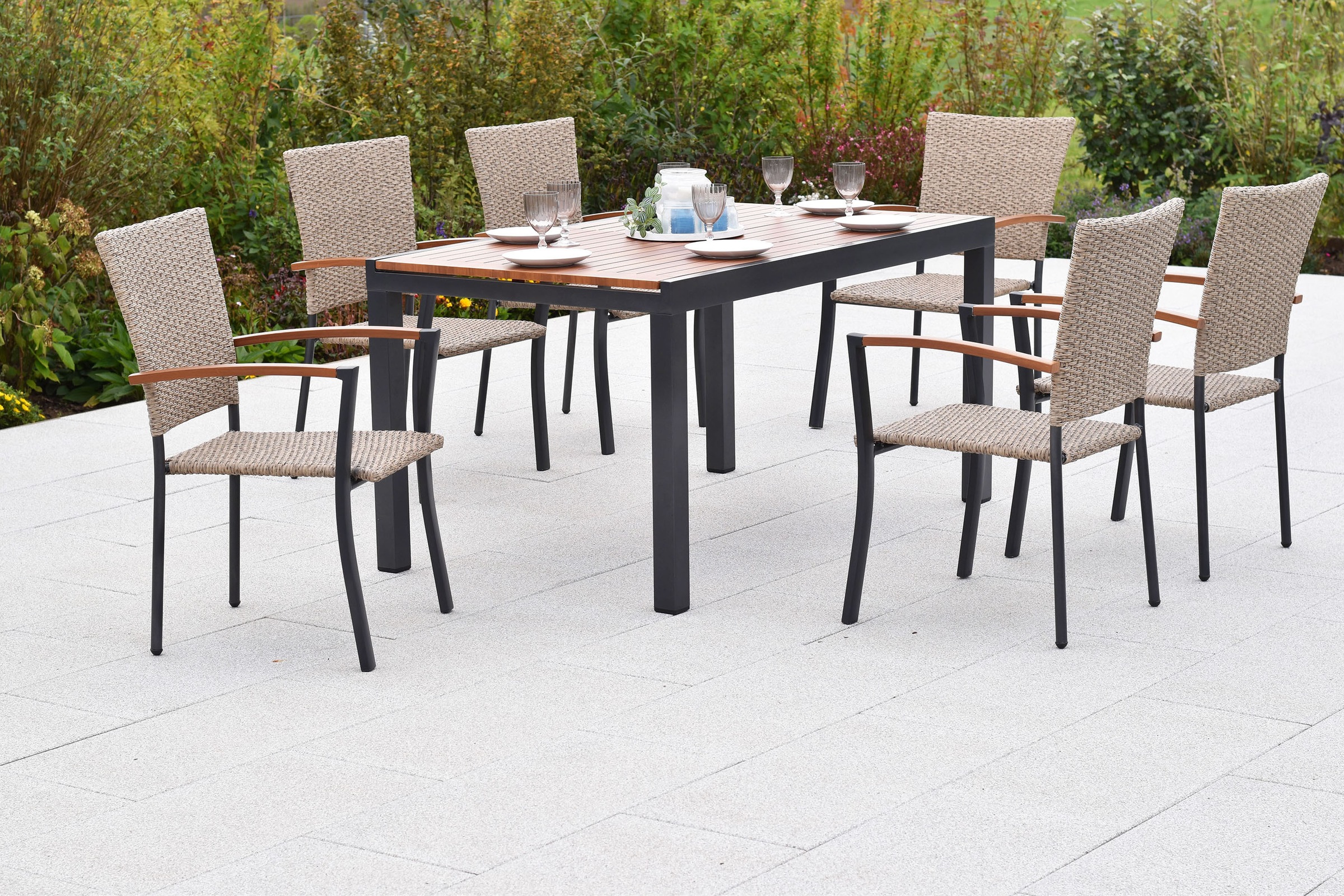 MERXX Garten-Essgruppe »»Teramo««, (Set, 7 tlg.), folierte Applikationen und Tischplatte in Holzoptik