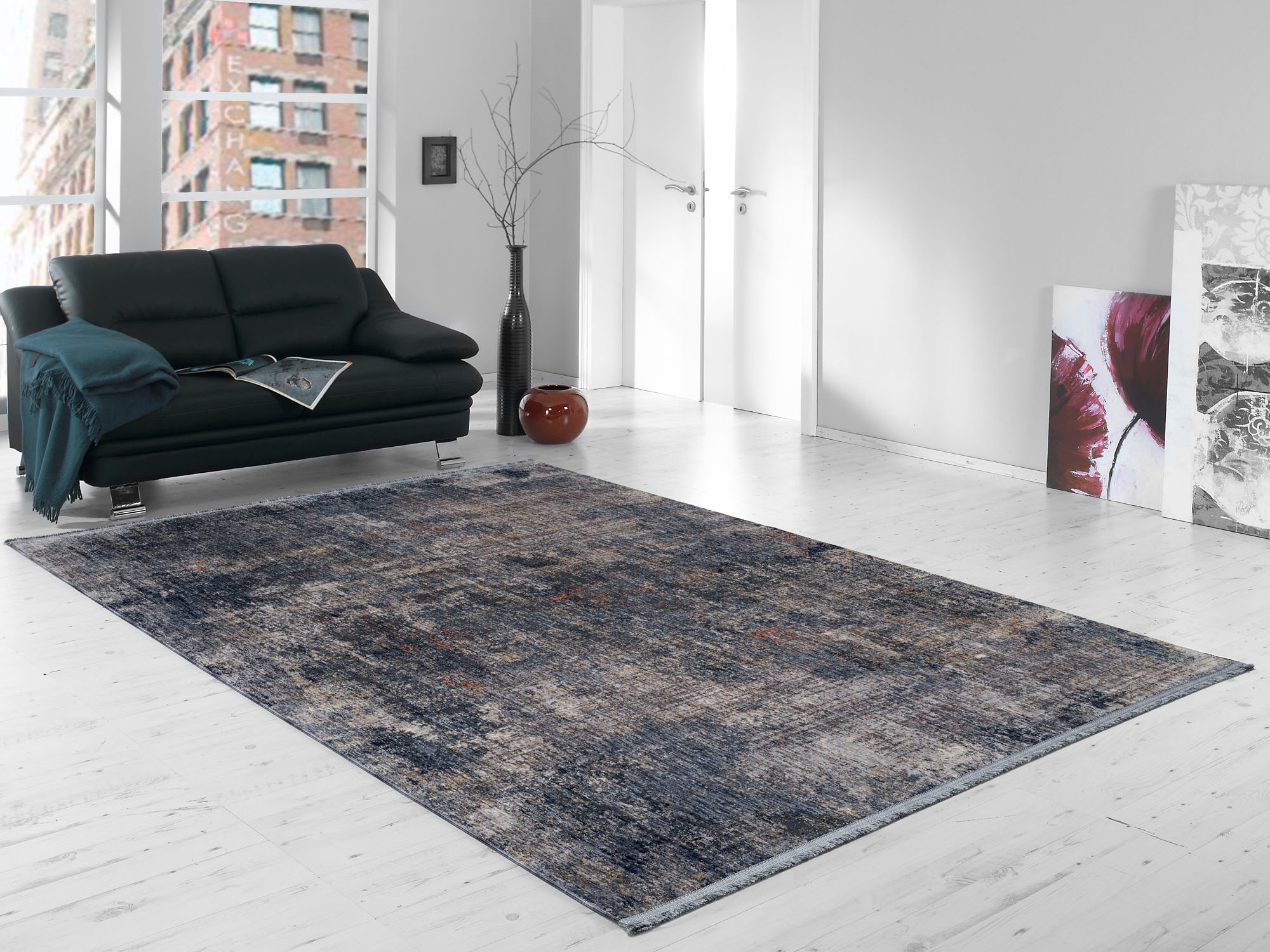 Teppich "MODENA", grau (grau, blau), B:80cm H:8mm L:150cm, Polyester, GALLERY M BRANDED BY MUSTERRING, Teppiche, Teppich, Kurzflor, Wohnzimmer, Vintage