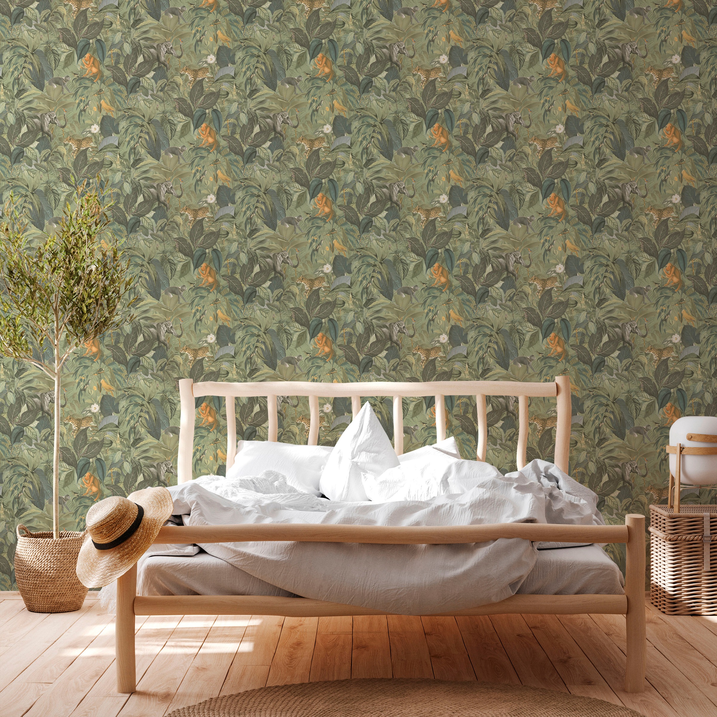 A.S. Création Vliestapete »PintWalls Dschungel mit Tieren«, matt-gemustert-neutral, Blätter Elefant Tieger Affen Tapeten Wohnzimmer Schlafzimmer Küche