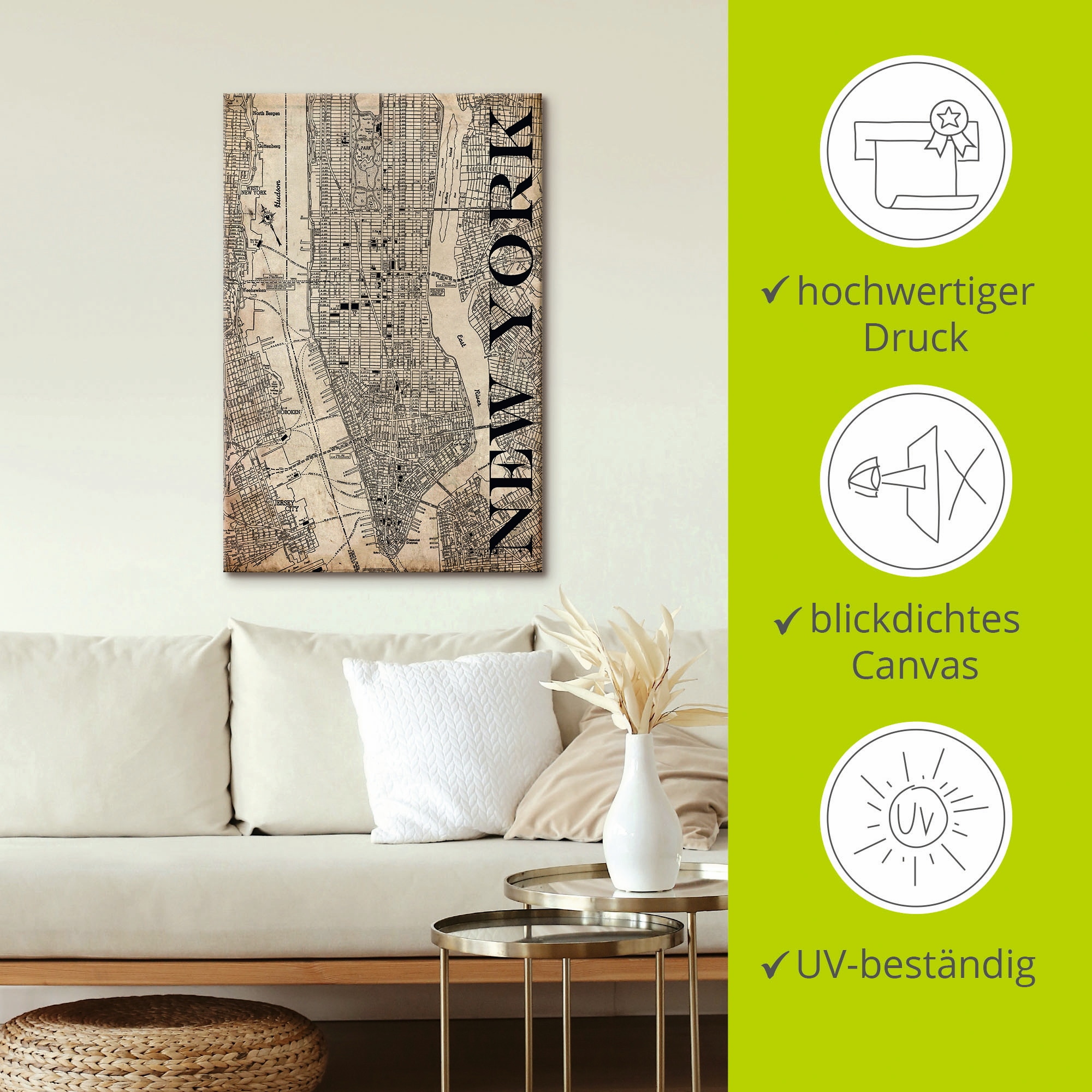 Artland Wandbild »New York Karte Straßen Karte Grunge«, Amerika, (1 St.), als Leinwandbild, Poster in verschied. Größen