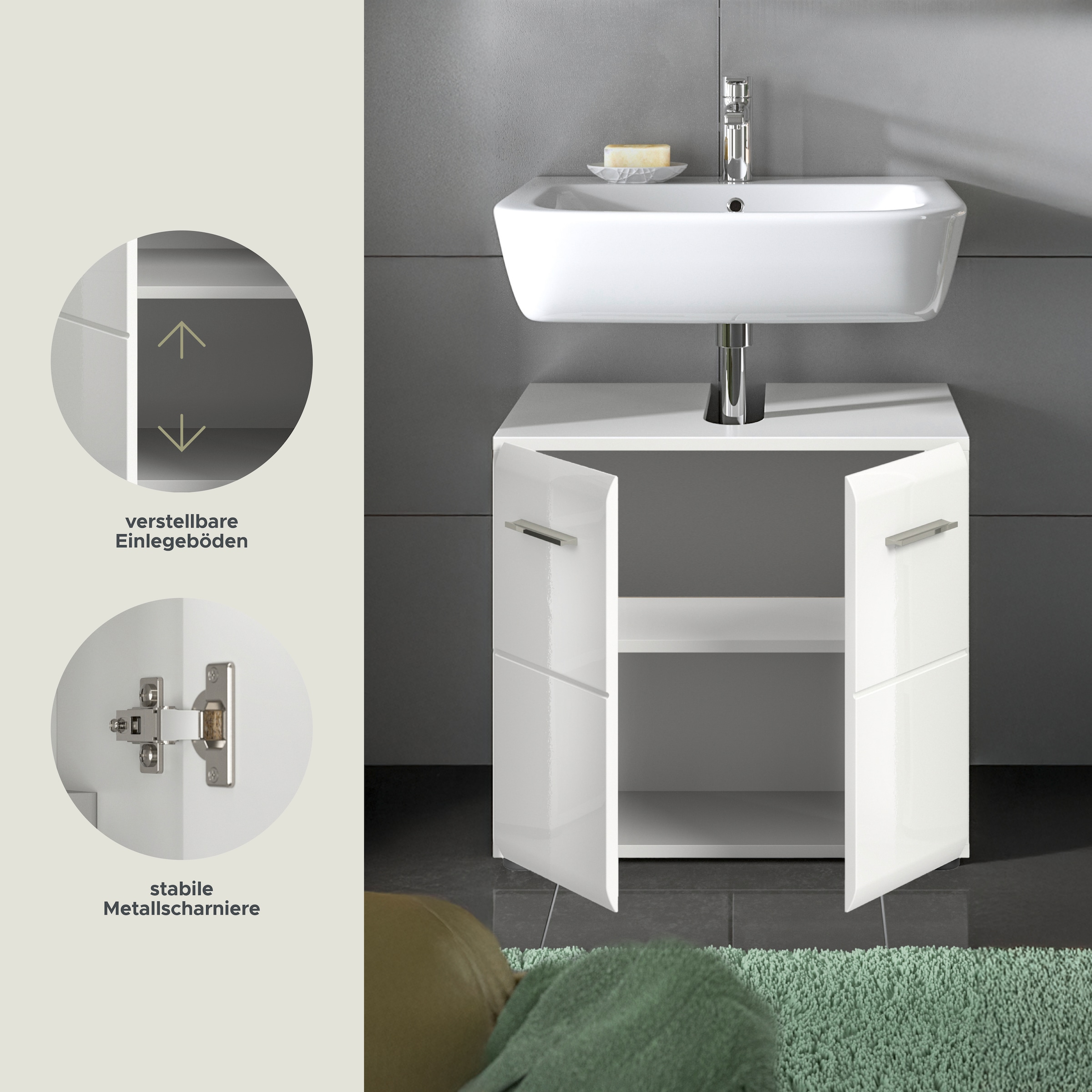 INOSIGN Waschbeckenunterschrank »FLORENZ, TOPSELLER!, Breite 60cm, 1 Einlegeboden, 2 Fächer«, mit Siphonausschnitt, Badmöbel, Badschrank, Schrank, Kommode, Bad
