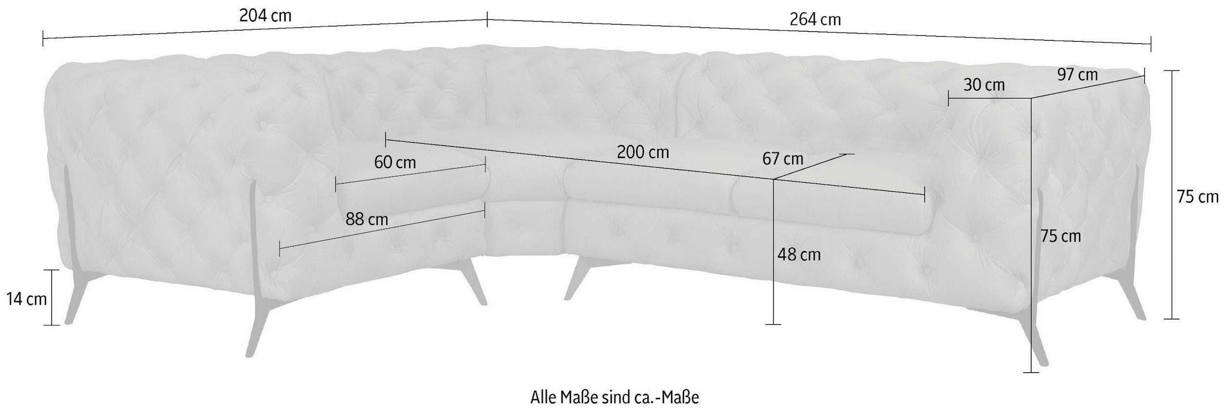 Leonique Chesterfield-Sofa »Amaury L-Form«, moderne Chersterfield-Optik, Breite 262 cm, Fußfarbe wählbar
