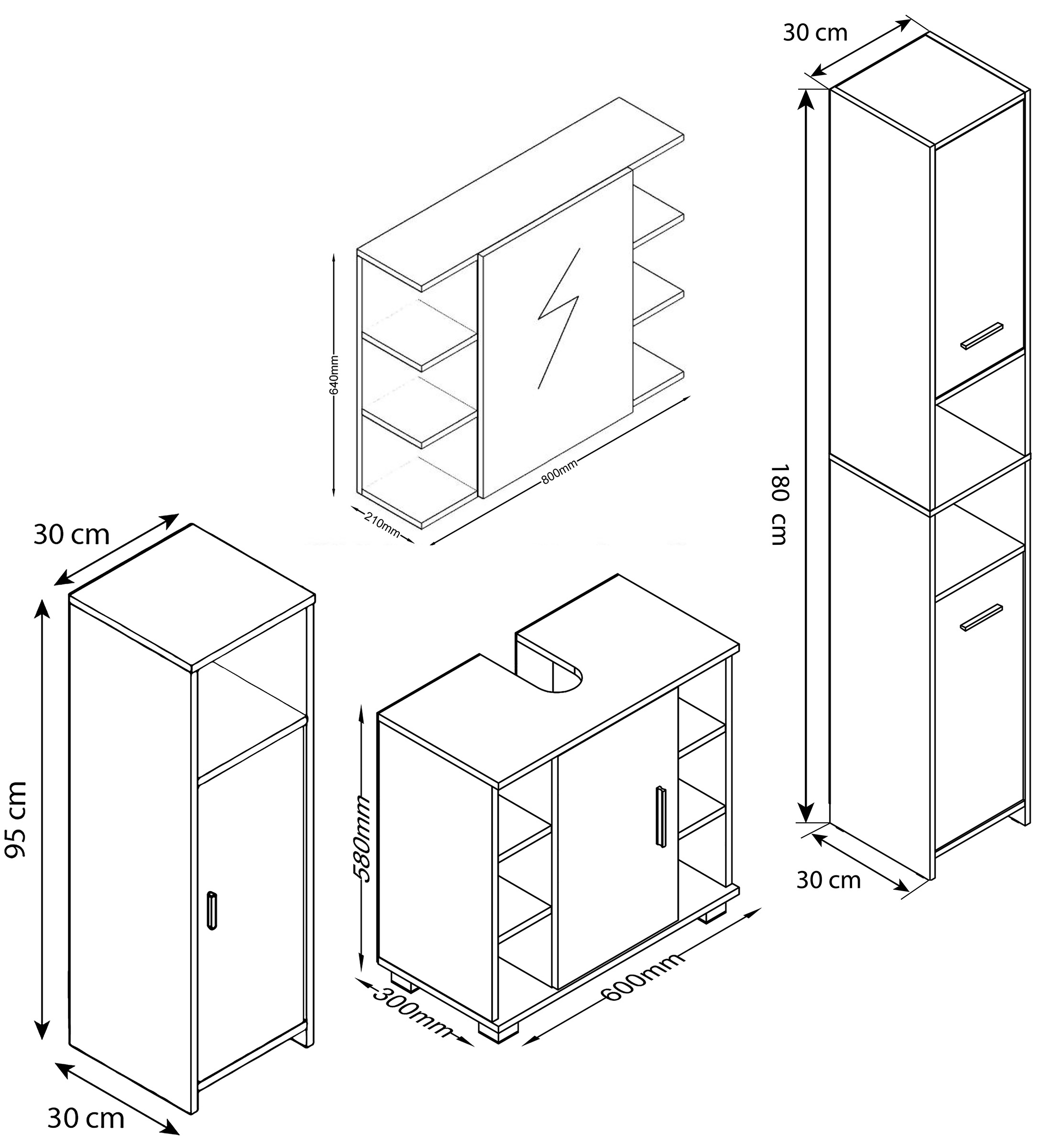 VCM Waschbeckenunterschrank »VCM 4-tlg. Badmöbelset | Badmöbel | Set aus Unterschrank, Midischrank, Hochschrank und Spiegelschrank | Badezimmermöbel - Zalo II«, (4 St.)
