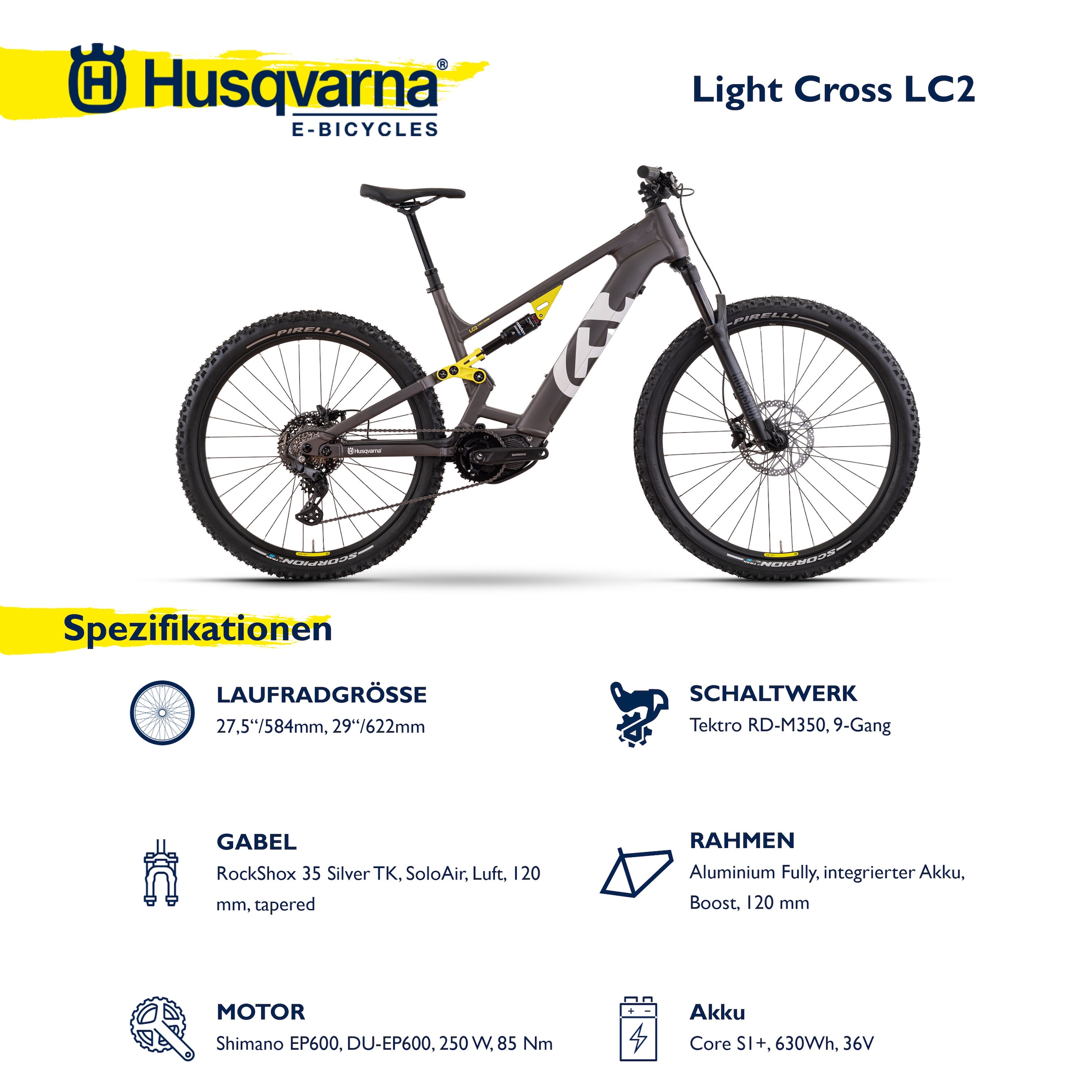 Husqvarna E-BICYCLES E-Bike »E-MTB Light Cross LC2«, 9 Gang, Tektro, RD-M350, Mittelmotor 250 W, Pedelec, Elektrofahrrad für Damen u. Herren, MTB, Mountainbike