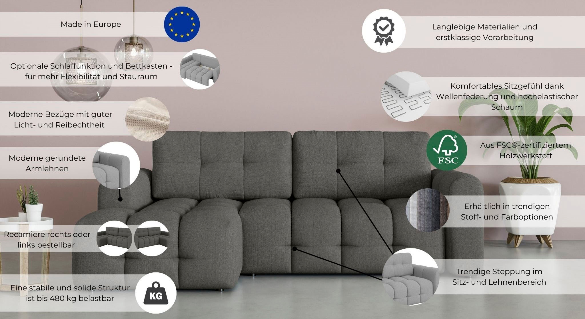 INOSIGN Ecksofa »Manilla, wahlweise mit Bettfunktion, B/T/H 265/170/91 cm«, L-Form mit Recamiere rechts/links bestellbar, Wellenunterfederung