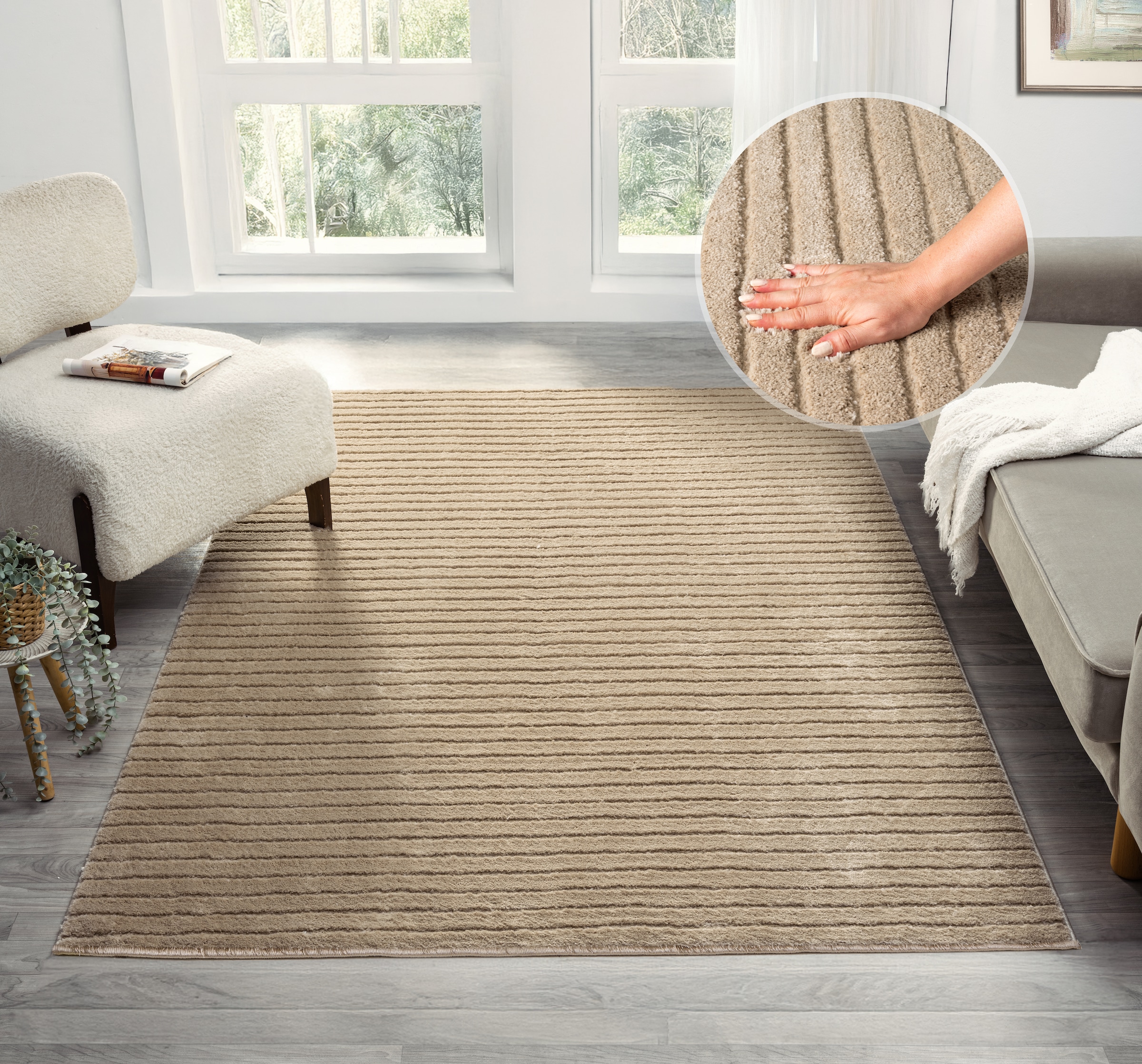 Teppich "Selma", beige, B:60cm H:19mm L:90cm, Kunstfaser, LEGER HOME BY LENA GERCKE, Teppiche, Teppich, Hoch-Tief-Struktur, Streifen Design, weich, Wohnzimmer, Schlafzimmer