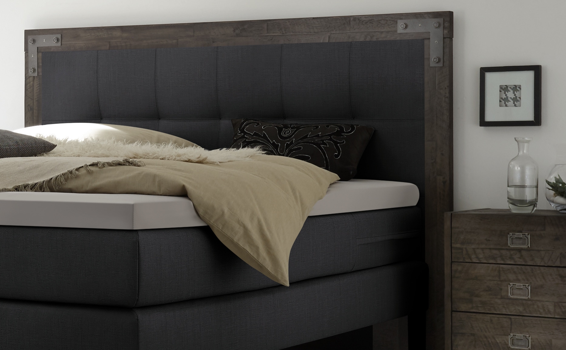 HASENA Boxspringbett Memphis, im Vintagelook, Massivholz-Umrandung, Tonnentaschen-Federkernmatratze