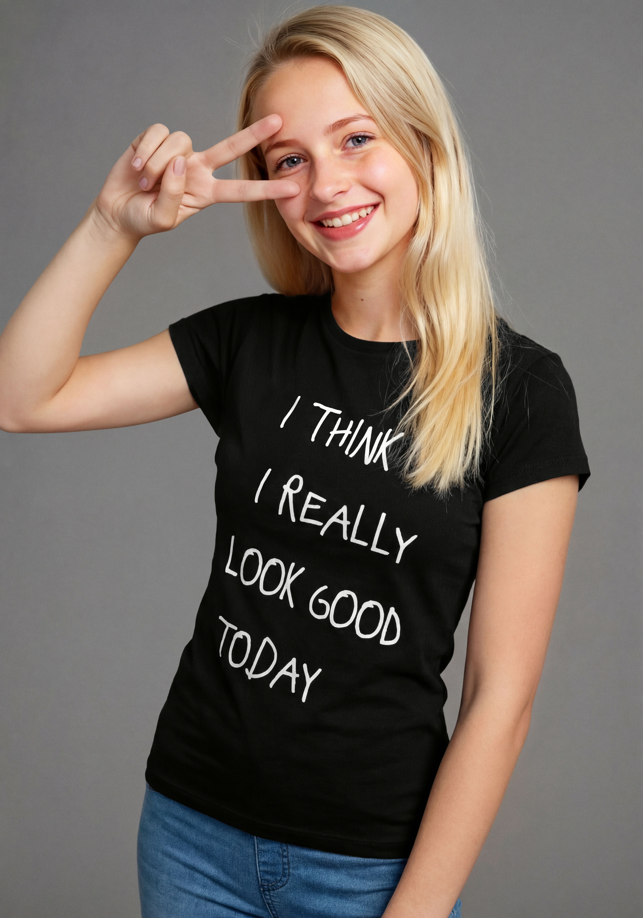 KIDSWORLD T-Shirt "Lässiger Spruch: I THINK I LOOK REALLY GOOD TODAY" für Mädchen, Kurzarm, Rundhalsausschnitt, mit Statement-Sprüchen
