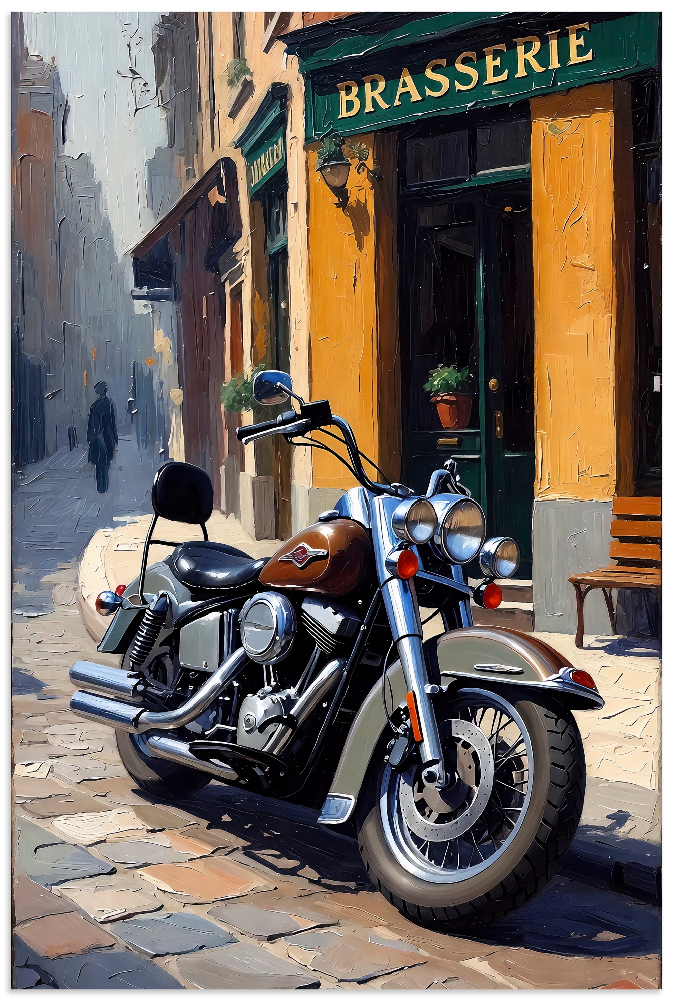 Artland Wandbild "Eine parkende Harley vor einem Brasserie" 1 Stk. tlg. als Alubild, Leinwandbild, Poster, Wandaufkleber in verschied. Größen