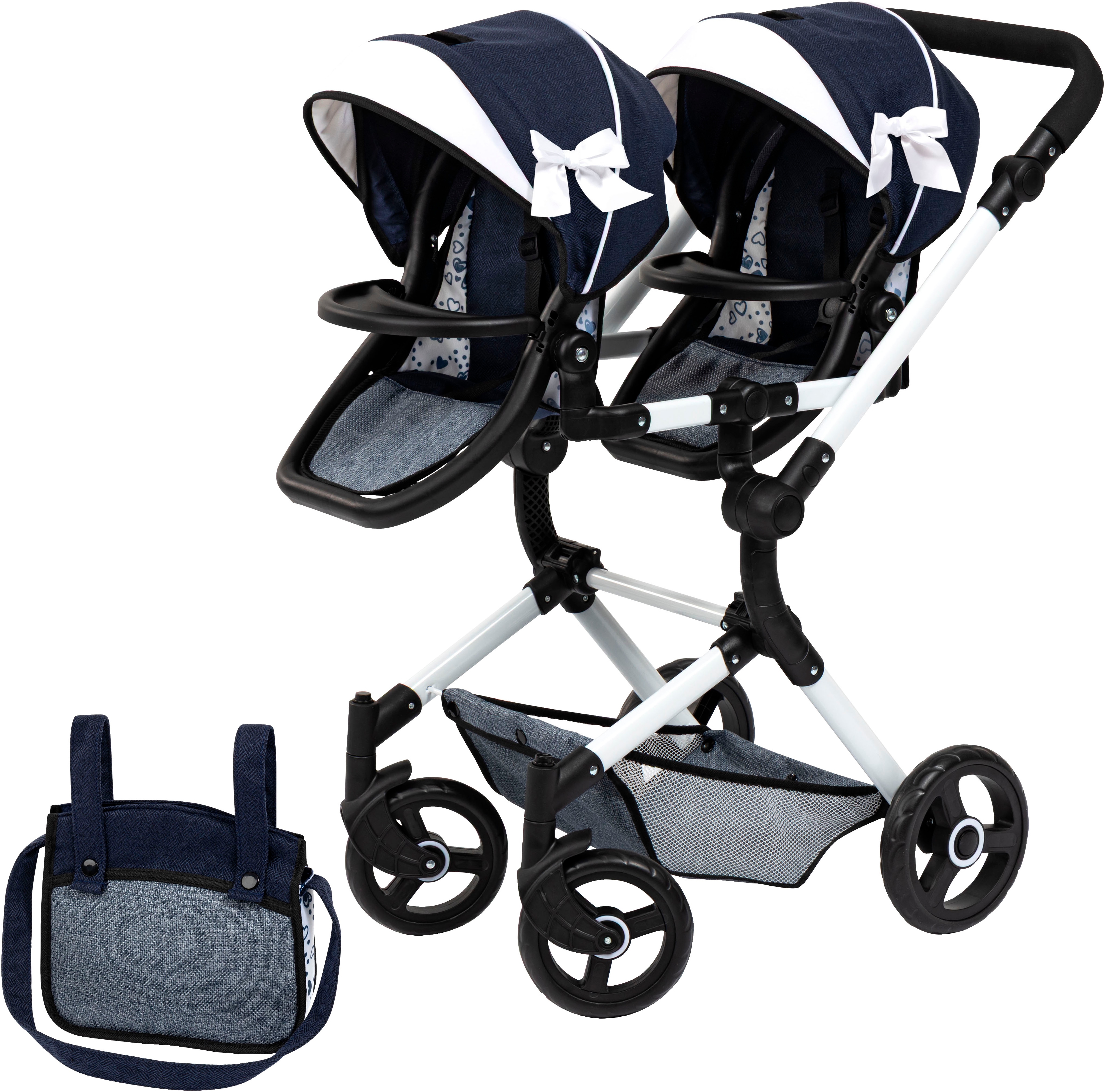 Puppen-Zwillingsbuggy BAYER "Twin Neo", schleife blau, weiß, Puppenwagen, KinderB:41,5cm H:81cm T:81,5cm, Kunststoff, Metall, Stoff, mit Wickeltasche, B:41,5cm H:81cm T:81,5cm
