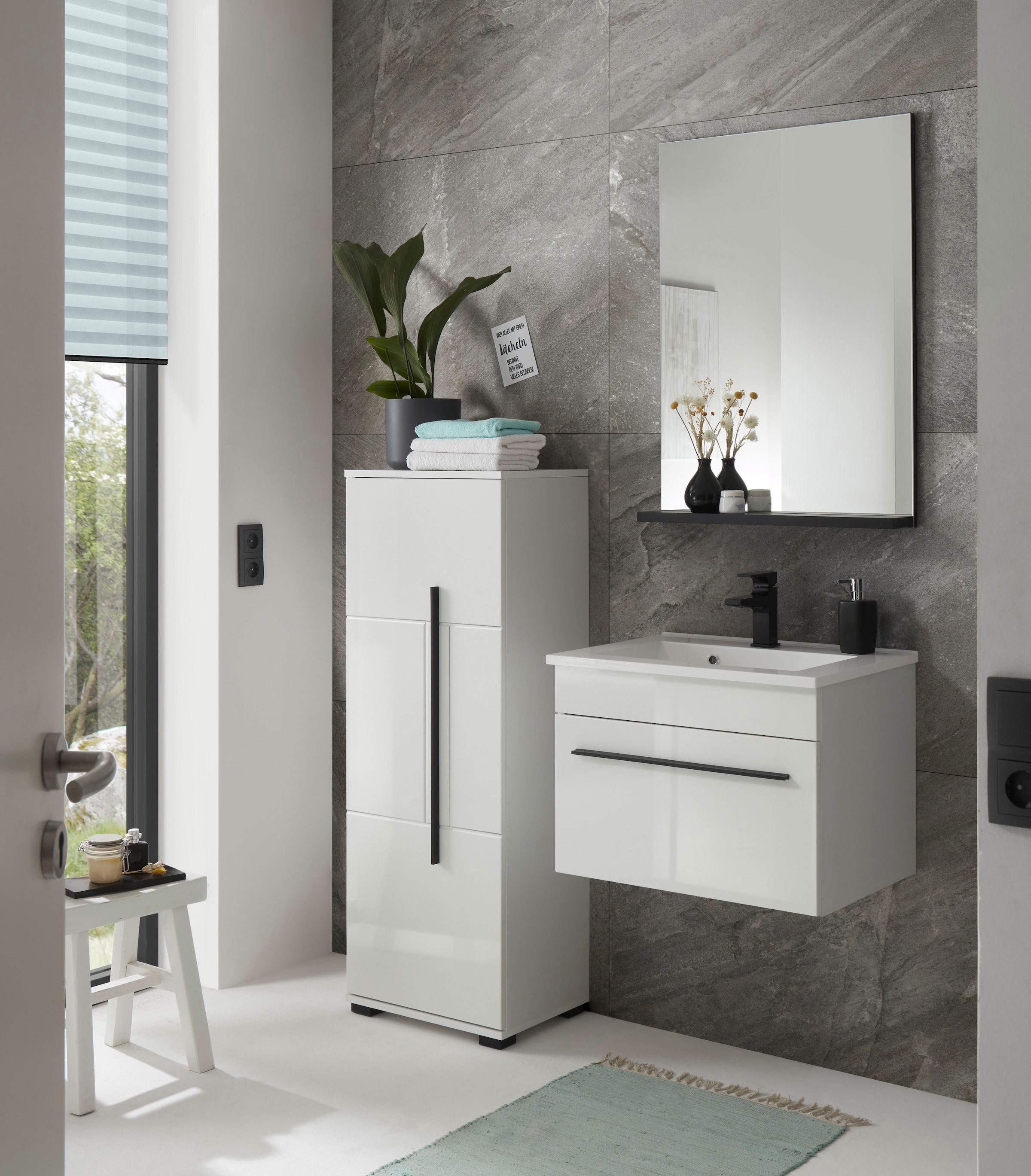 INOSIGN Badmöbel-Set »Cantara, Bad im modernen Design, 3-teiliges Badezimmer«, (Set, 3 St.), Waschtisch, Schrank und Spiegel, in Weiß Hochglanz, viel Stauraum