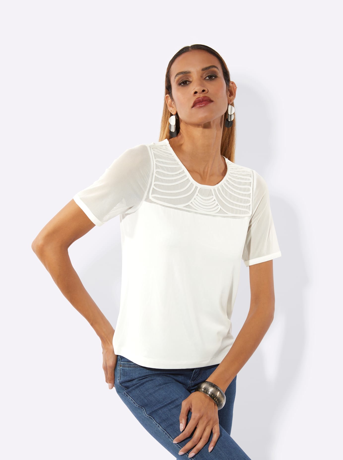 Kurzarmshirt CREATION L "Mesh-Shirt", Damen, Gr. 42, ecru, 95% Polyester, 5% Elasthan, unifarben, Rundhals, Shirts 3