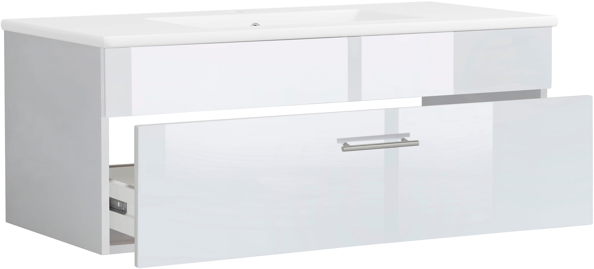 welltime Waschtisch »Trento Light mit Keramik-Auflagebecken«, 1 feste Blende und 1 Auszug, Breite: 101cm, Weiß Hochglanz