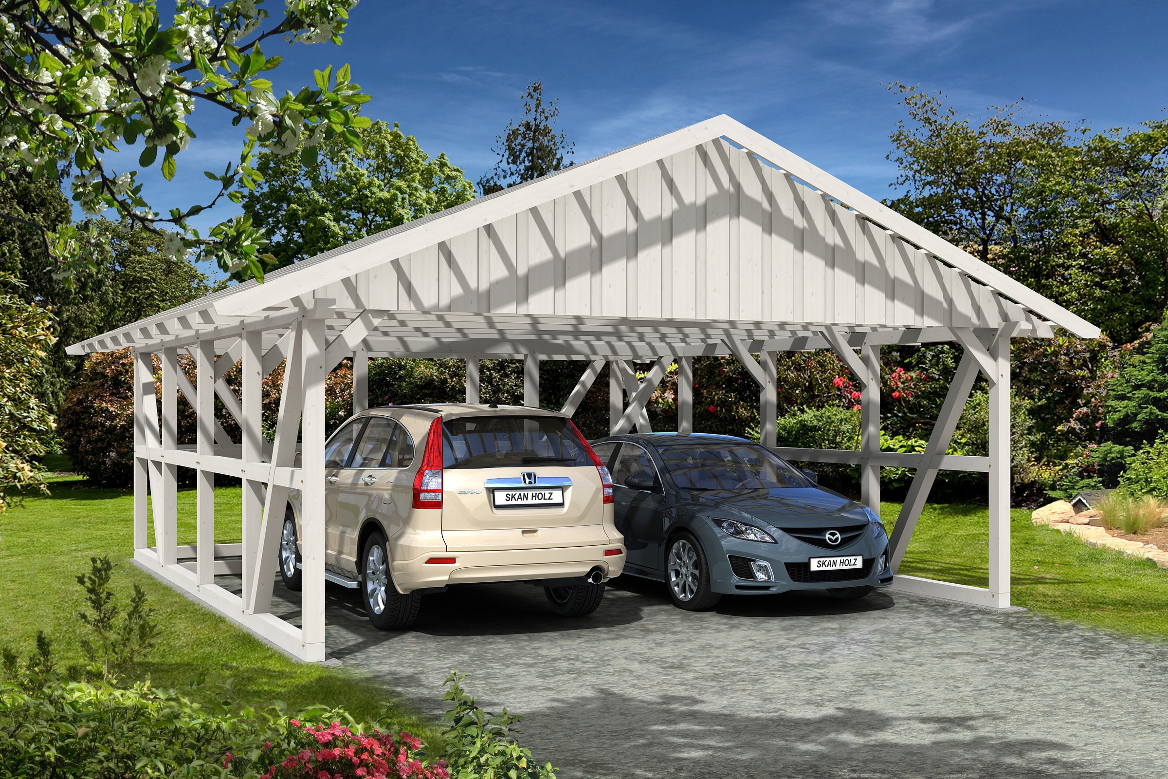 Skanholz Doppelcarport »Schwarzwald«, 560 cm, Weiß, mit Dachlattung