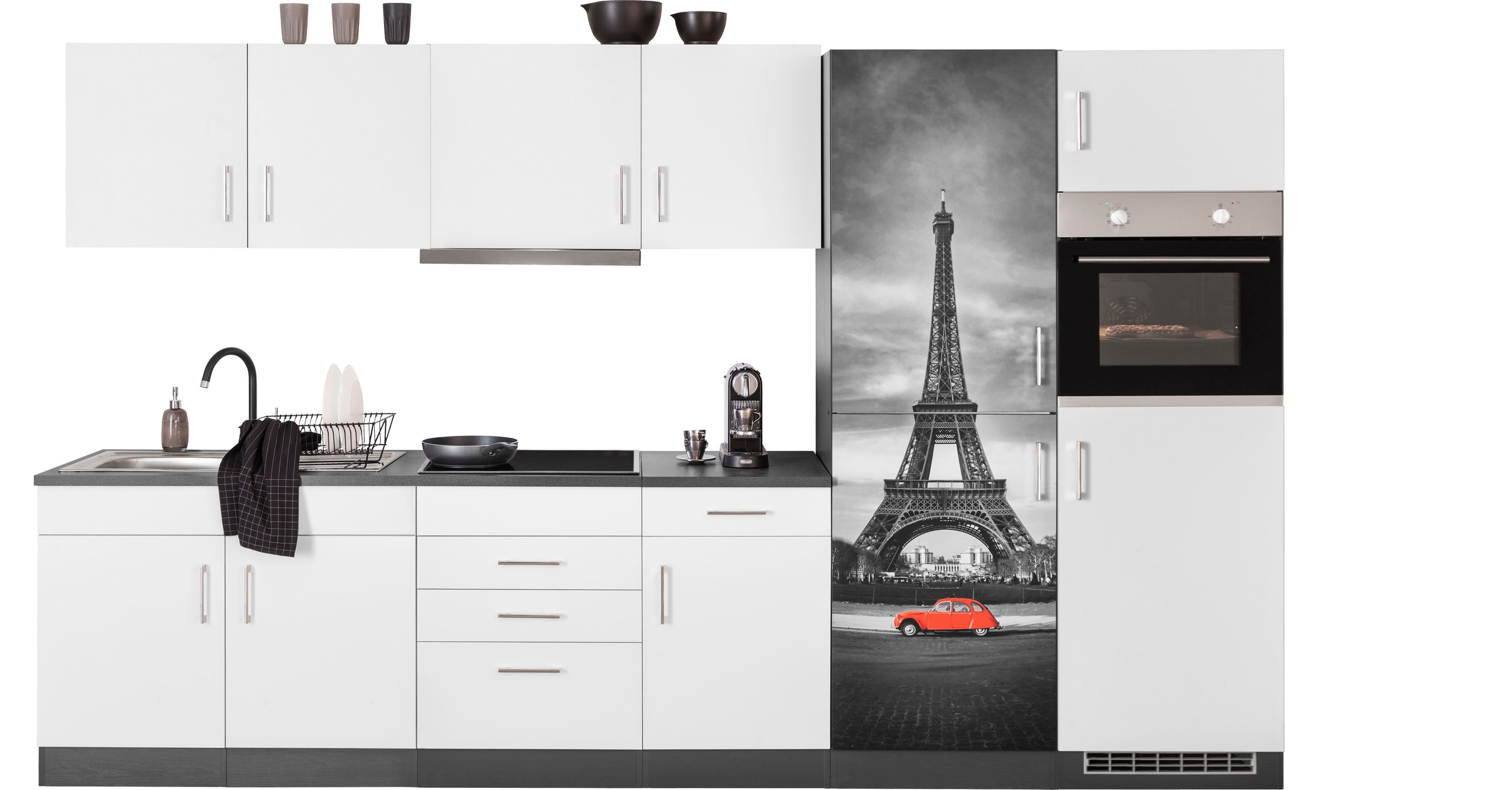 KOCHSTATION Küchenzeile "KS-Paris - Küchen mit einzigartigen Fotomotiven auf den Fronten" Breite 330 cm, wahlweise mit E-Geräten und Induktion
