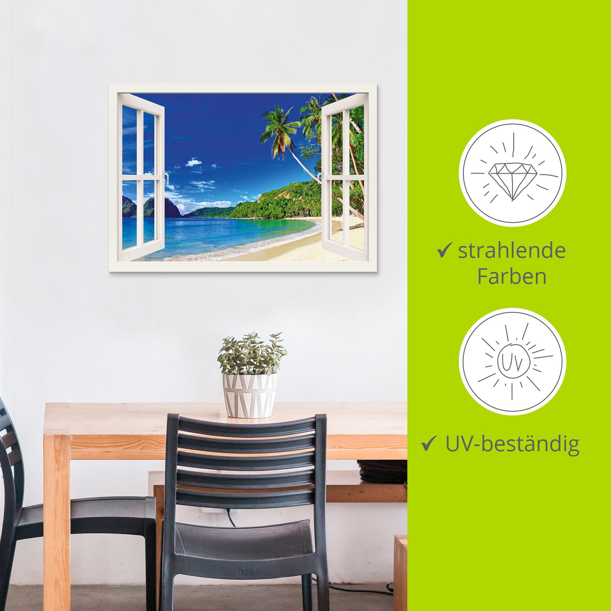 Artland Wandbild »Fensterblick Paradies«, Fensterblick, (1 St.), als Alubild, Outdoorbild, Leinwandbild, Poster, Wandaufkleber