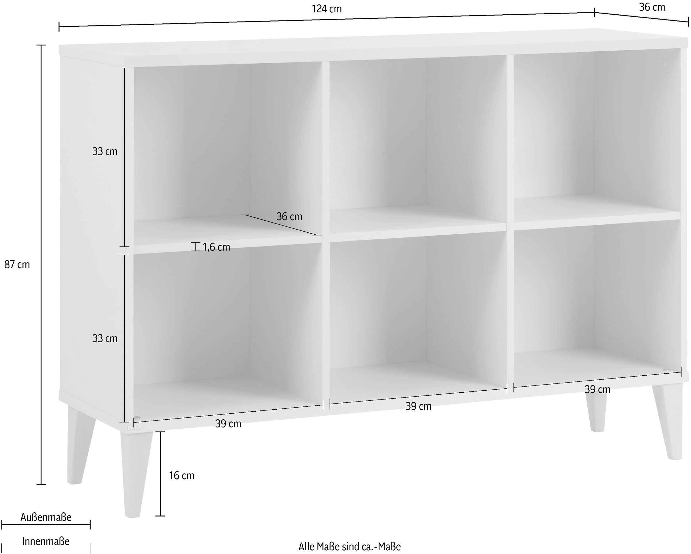 PAIDI Sideboard »JONTE in Beige, 6 offene Fächer« B/H/T ca. 124/87/38cm, Cashmere-Beige,  stabiles Regal mit Massivholz-Füßen, offenes Standregal