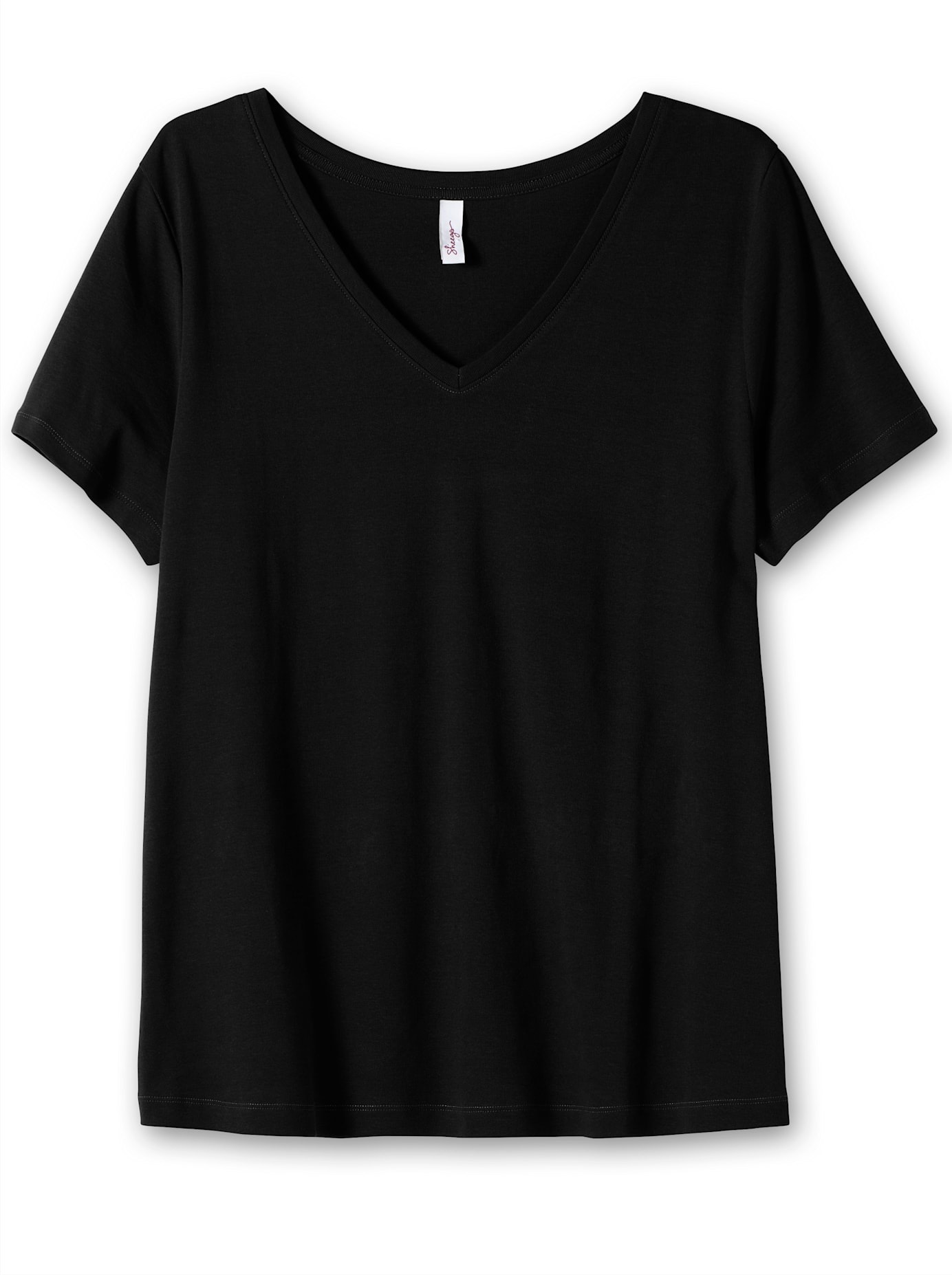T-Shirt SHEEGO "T-Shirt", Damen, Gr. 52/54, schwarz, 100% Baumwolle, unifarben, V-Ausschnitt, Shirts T-Shirt 2
