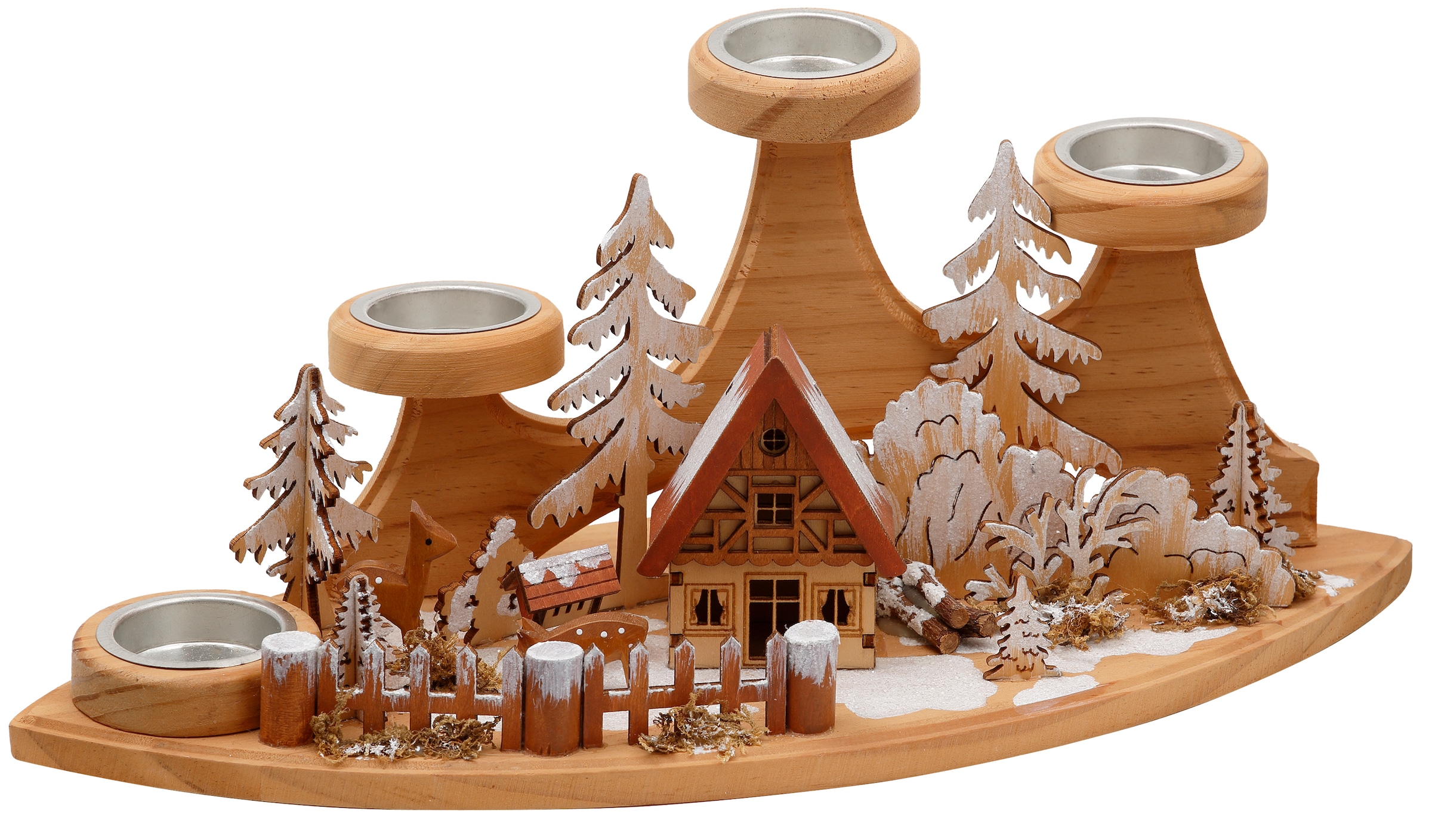 Home affaire Teelichthalter »Winterlandschaft, Weihnachtsdeko aus Holz«, (1 St.), Adventsleuchter für 4 Teelichter, Breite ca. 37 cm