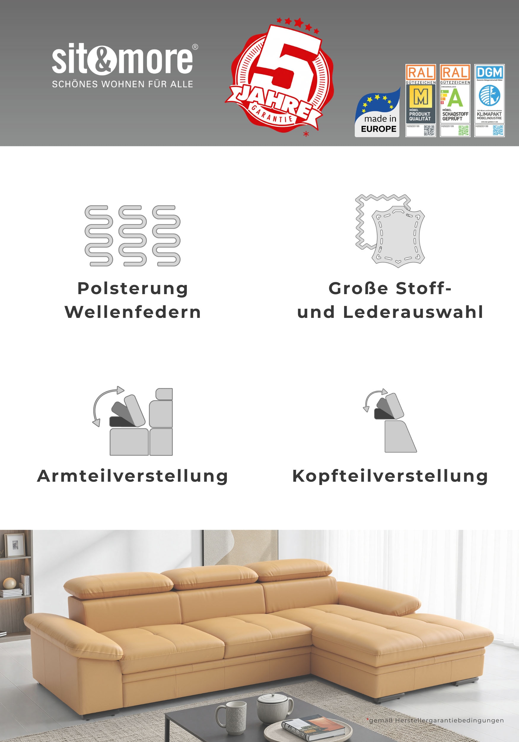 sit&more Ecksofa »Viola, Leder, L-Form, B: 260 cm, mit Armteil- und Kopfteilvertsellung« optional mit Schlaffunktion