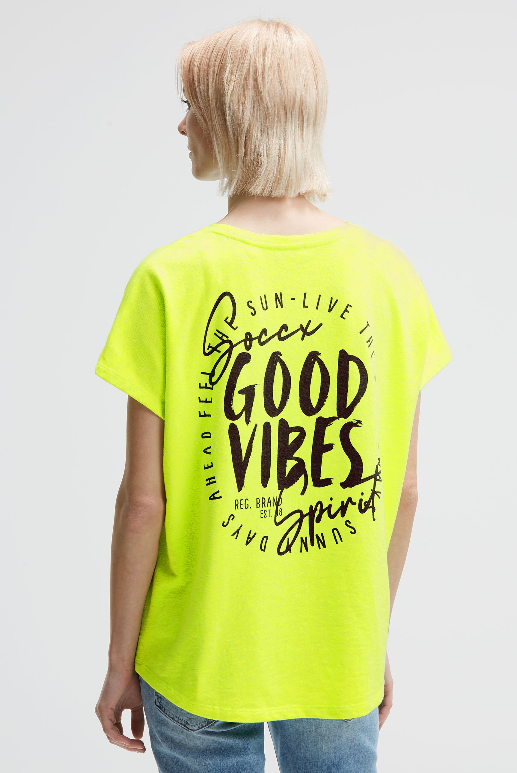 Rundhalsshirt SOCCX, Damen, Gr. S, electric lemon, Single Jersey, Material: 60% Polyester, 40% Baumwolle, bedruckt, oversize normal, U-Boot-Ausschnitt, Shirts Rundhalsshirt, mit längerer Rückenpartie