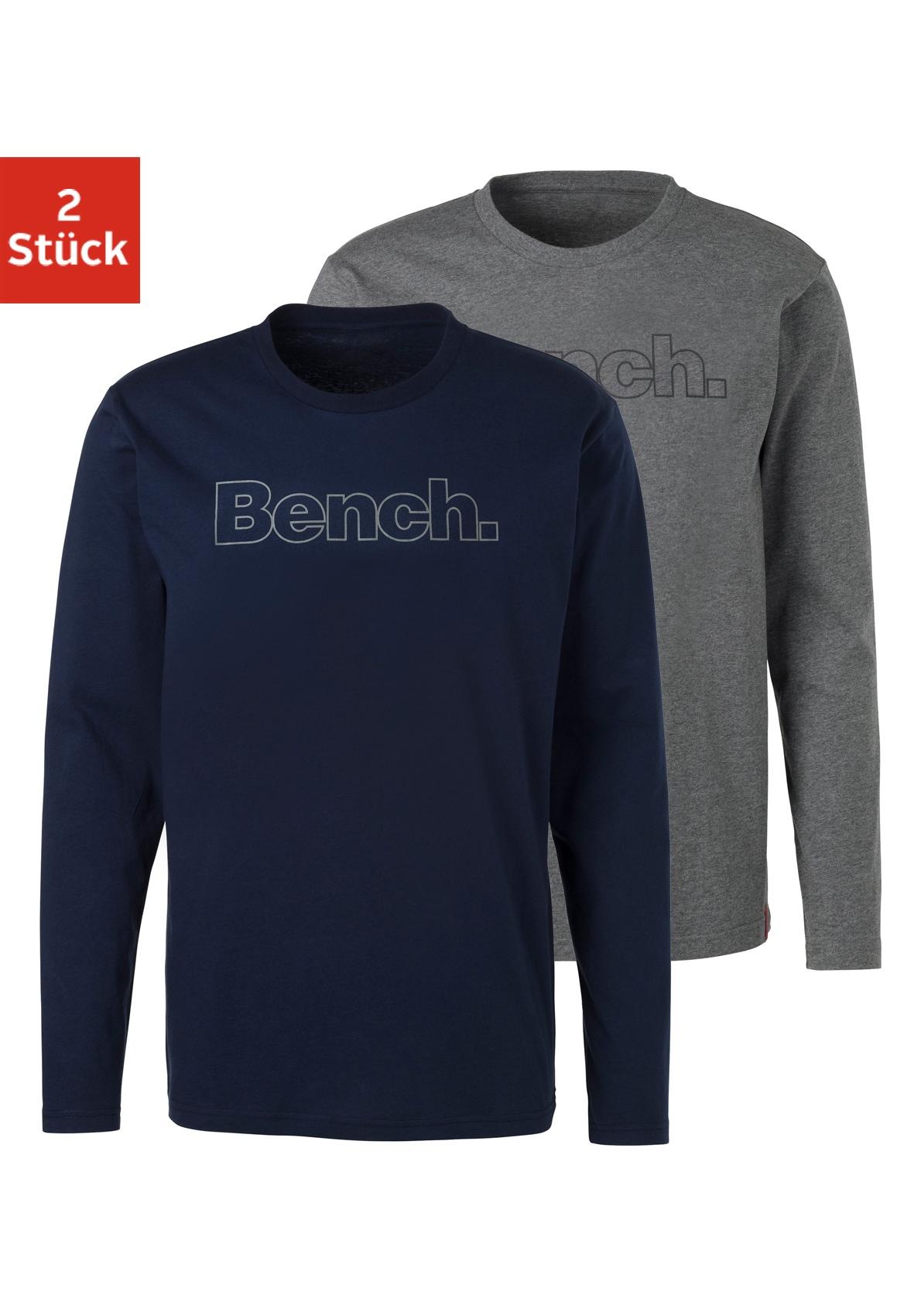 Langarmshirt BENCH. LOUNGEWEAR, Herren, Gr. XXL, blau (navy, grau, meliert), Obermaterial: 100% Baumwolle, unifarben, Basic, bequem normal, Rundhals, Shirts Langarmshirt, mit Bench. Print vorn, Topseller