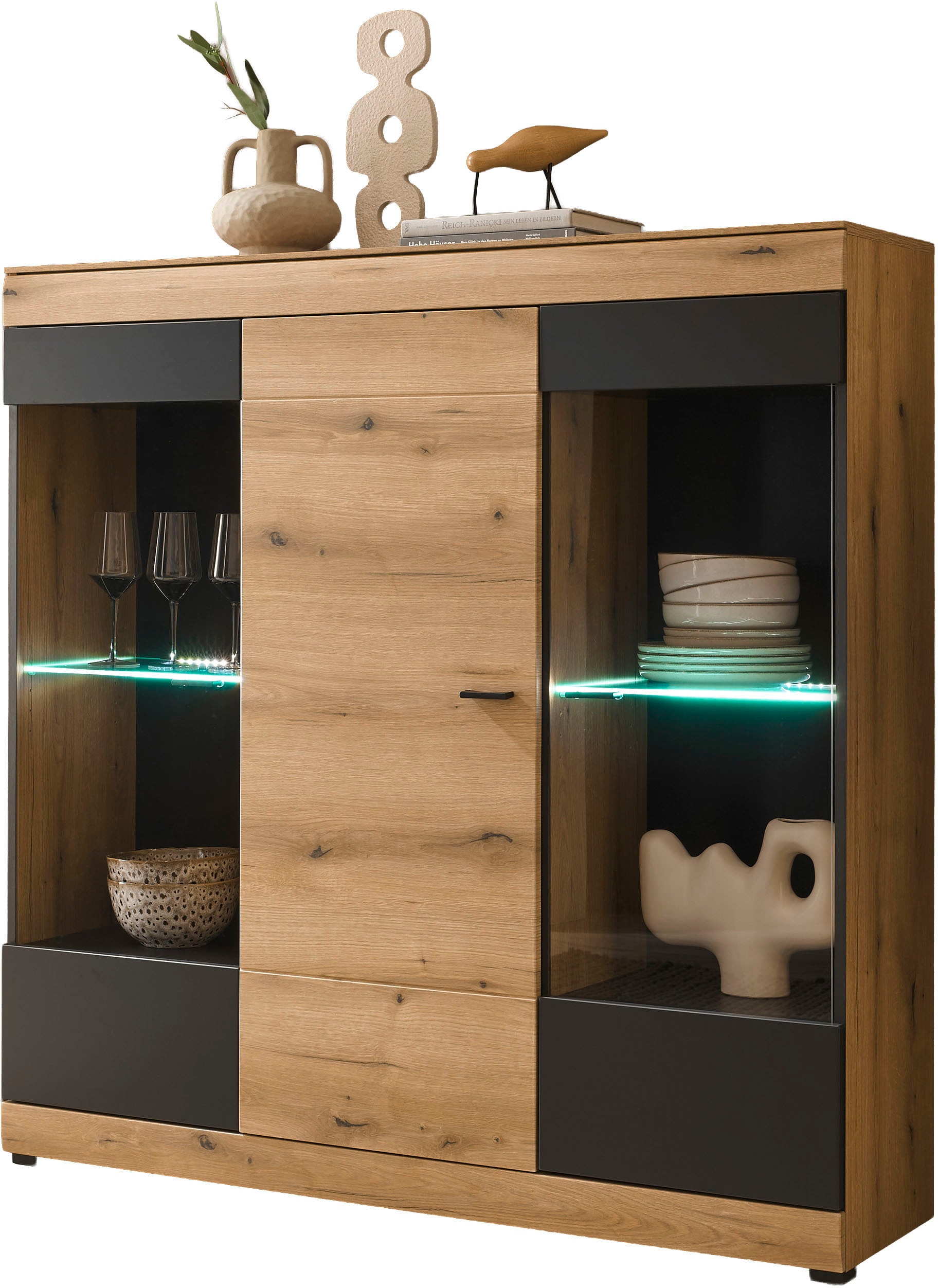 Home affaire Highboard »Soleto, moderner Schrank, Vitrine in Eiche Evoke« zeitlos, schwarze Griffe aus Metall, ausreichend Stauraum
